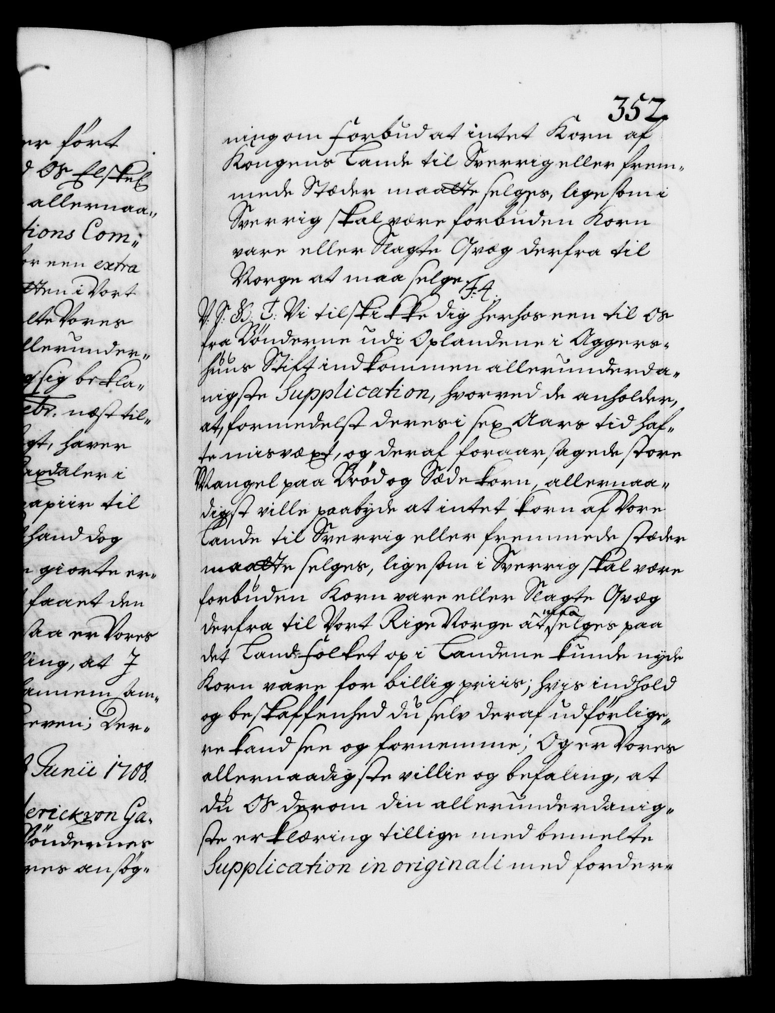 Danske Kanselli 1572-1799, AV/RA-EA-3023/F/Fc/Fca/Fcab/L0018: Norske tegnelser, 1707-1709, s. 352a