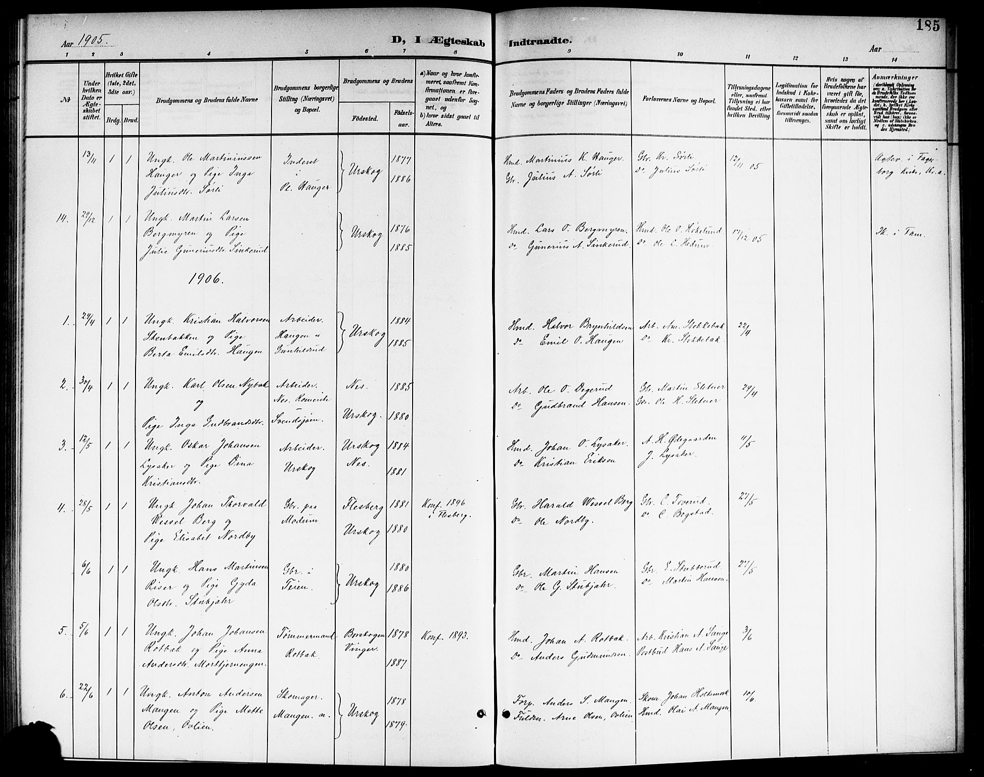 Aurskog prestekontor Kirkebøker, AV/SAO-A-10304a/G/Ga/L0004: Klokkerbok nr. I 4, 1901-1921, s. 185