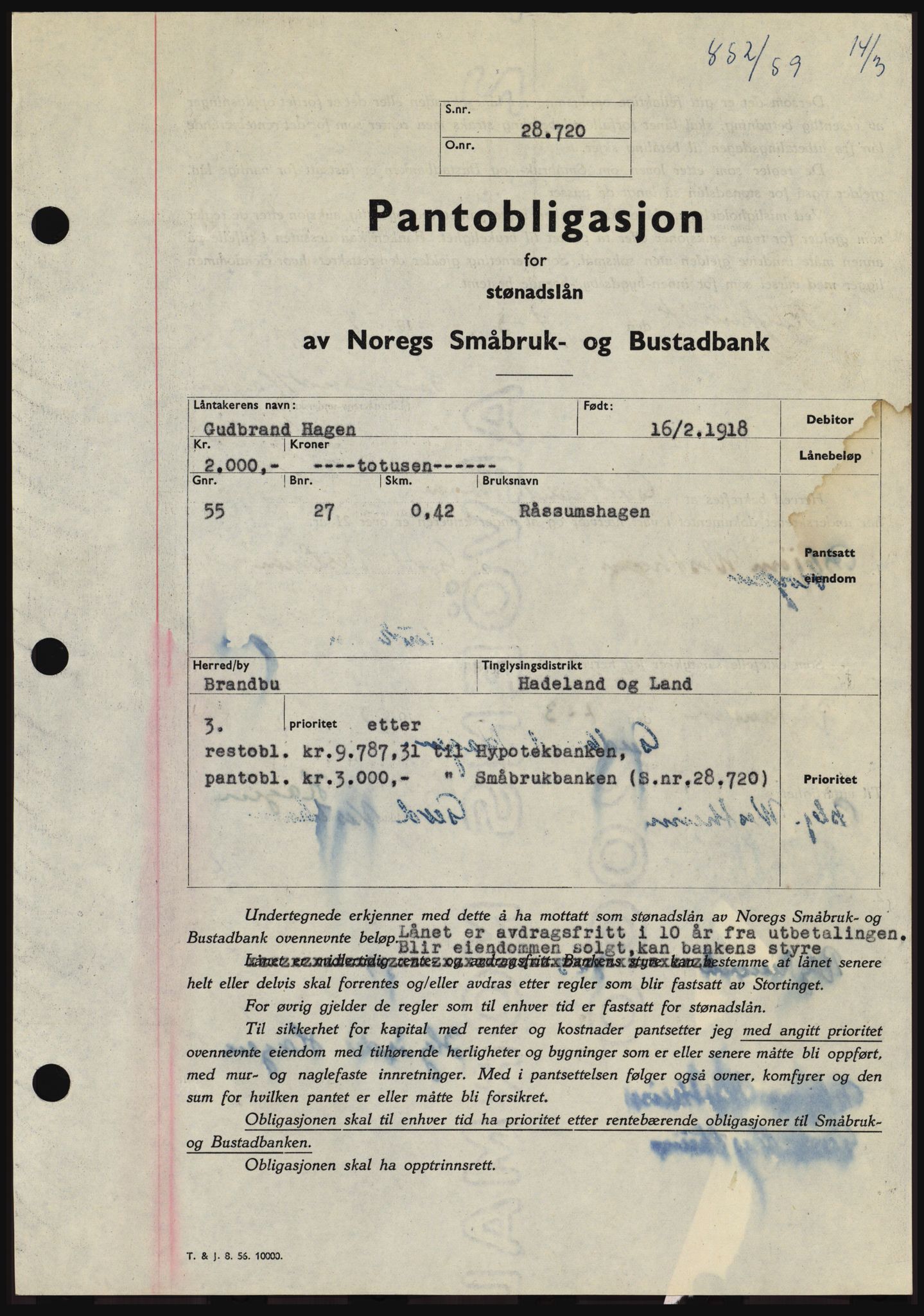 Hadeland og Land tingrett, SAH/TING-010/H/Hb/Hbc/L0040: Pantebok nr. B40, 1959-1959, Dagboknr: 852/1959