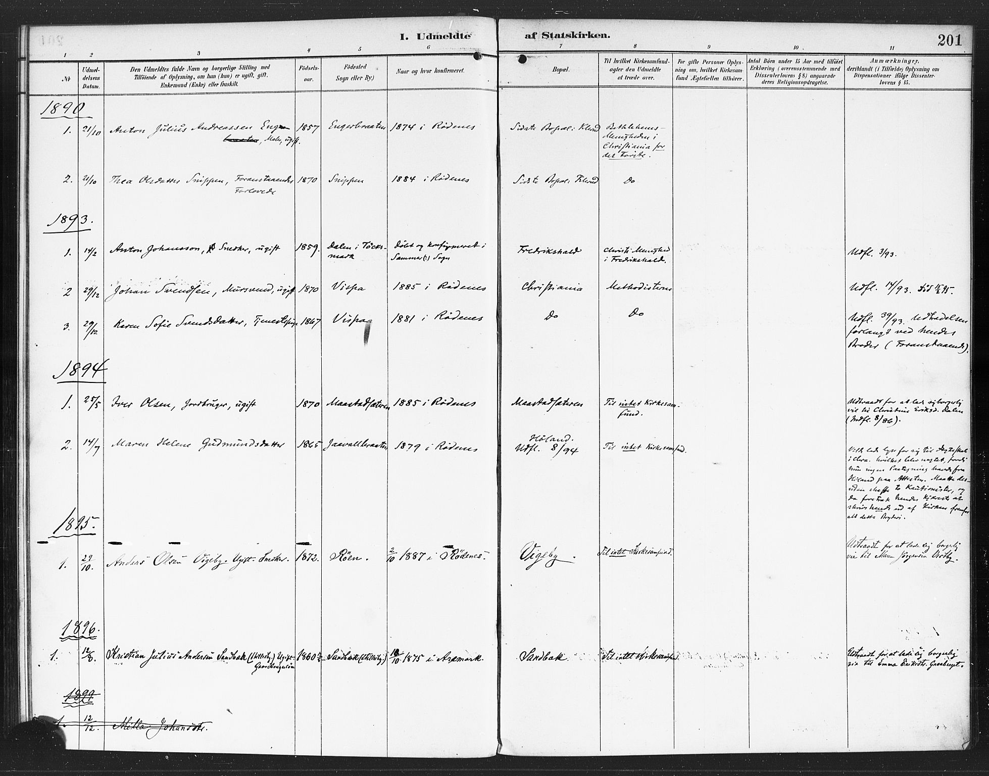 Rødenes prestekontor Kirkebøker, AV/SAO-A-2005/F/Fa/L0010: Ministerialbok nr. I 10, 1890-1900, s. 201