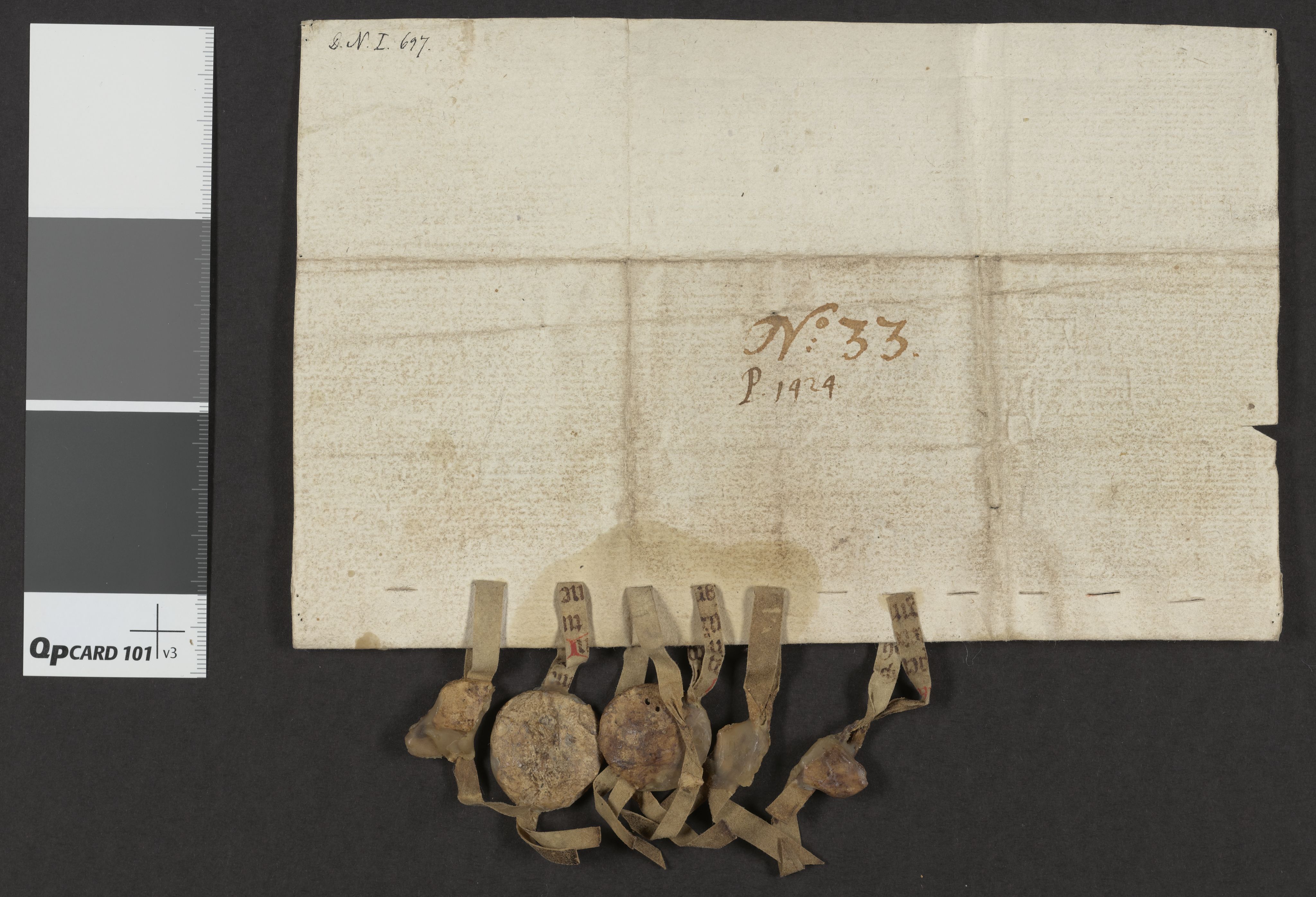 Riksarkivets diplomsamling, AV/RA-EA-5965/F06/L0022: Dokument nr. 33, 36, 1424