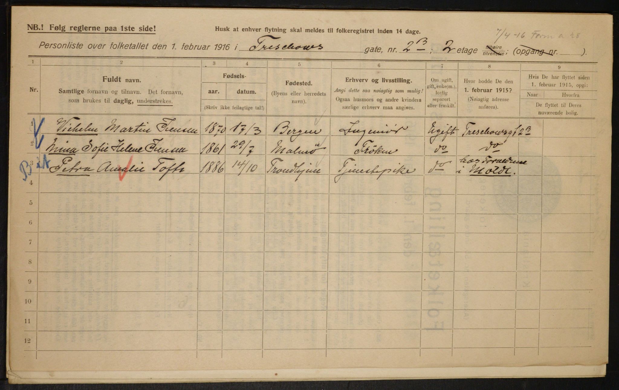 OBA, Kommunal folketelling 1.2.1916 for Kristiania, 1916, s. 118764