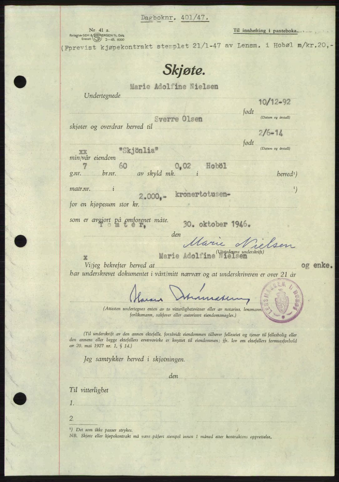 Moss sorenskriveri, SAO/A-10168: Pantebok nr. A17, 1947-1947, Dagboknr: 401/1947