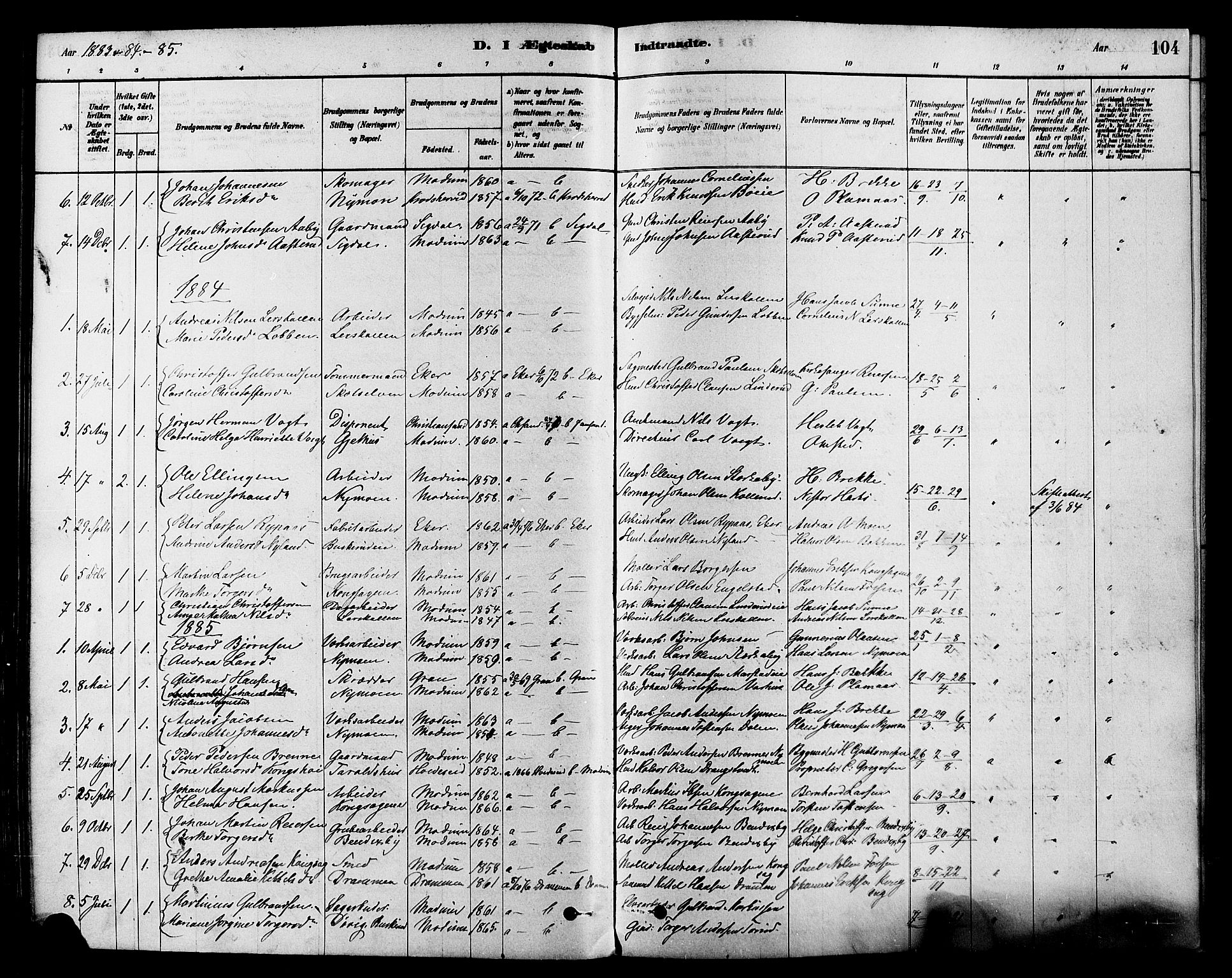 Modum kirkebøker, AV/SAKO-A-234/F/Fa/L0015: Ministerialbok nr. 15 /1, 1877-1889, s. 104