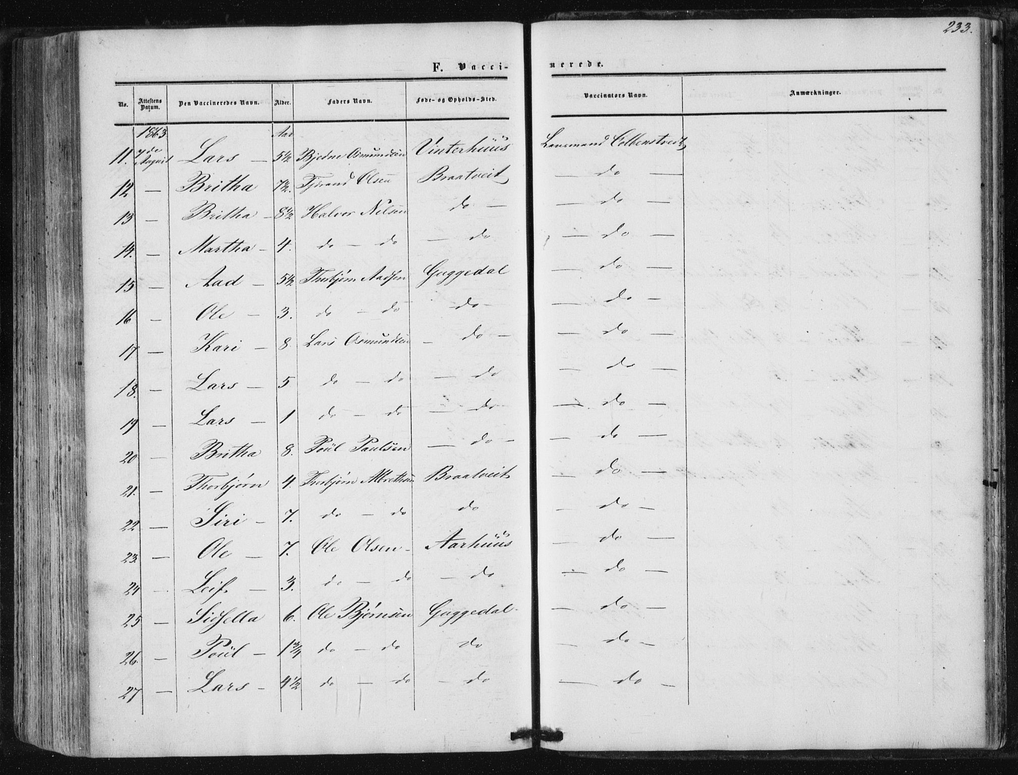 Suldal sokneprestkontor, AV/SAST-A-101845/01/IV/L0009: Ministerialbok nr. A 9, 1854-1868, s. 233