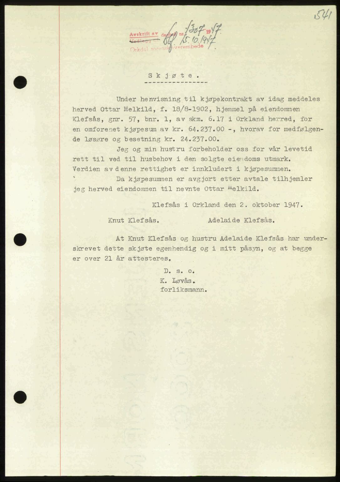 Orkdal sorenskriveri, SAT/A-4169/1/2/2C: Pantebok nr. A, 1947-1947, Dagboknr: 1307/1947