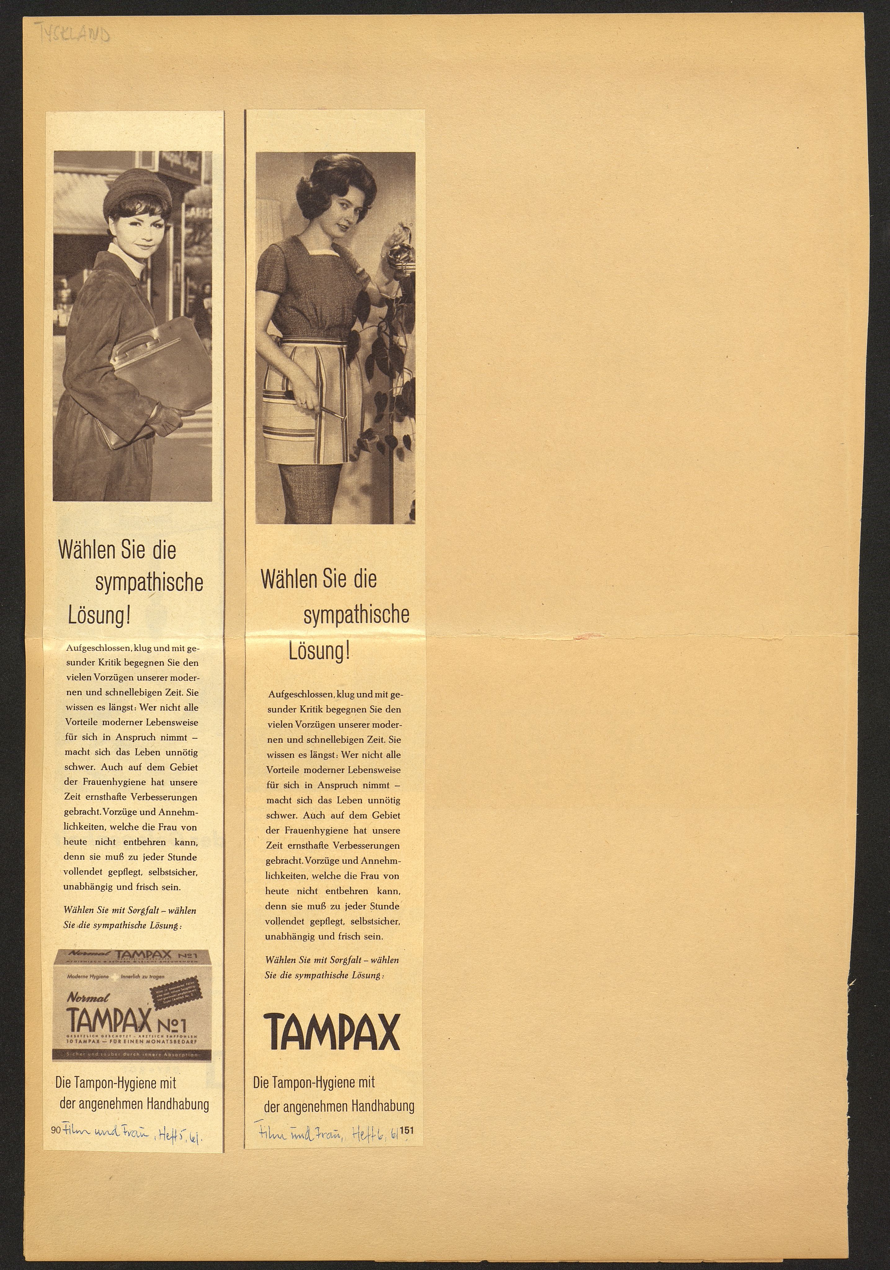 Pa 46 - Sca Mølnlycke AS, VEMU/A-1050/H/Hb/Hbc/L0001/0001: Annonser, brosjyrer og annen reklame / Internasjonale tampongannonser, 1961