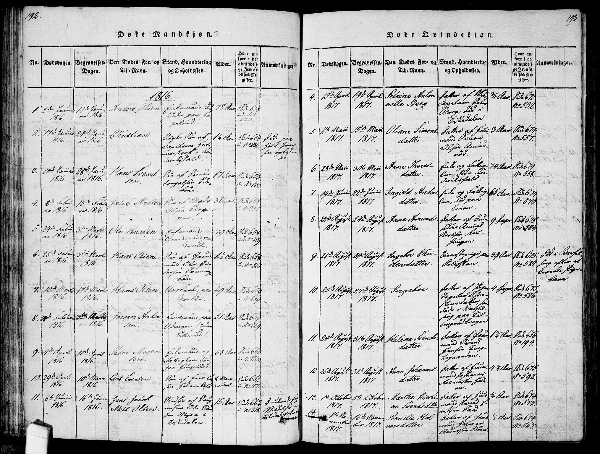 Idd prestekontor Kirkebøker, SAO/A-10911/F/Fc/L0002: Ministerialbok nr. III 2, 1815-1831, s. 192-193