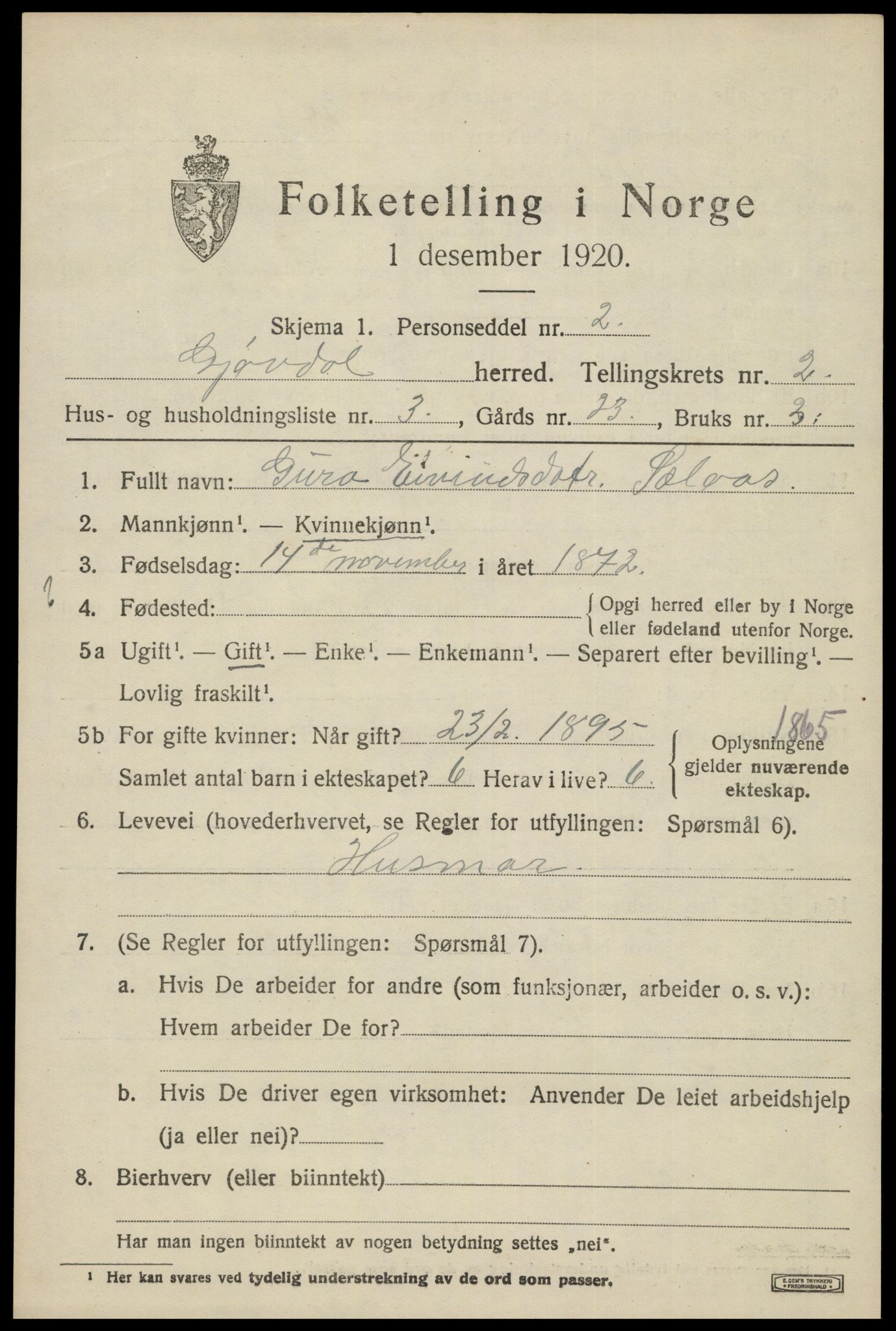 SAK, Folketelling 1920 for 0930 Gjøvdal herred, 1920, s. 854