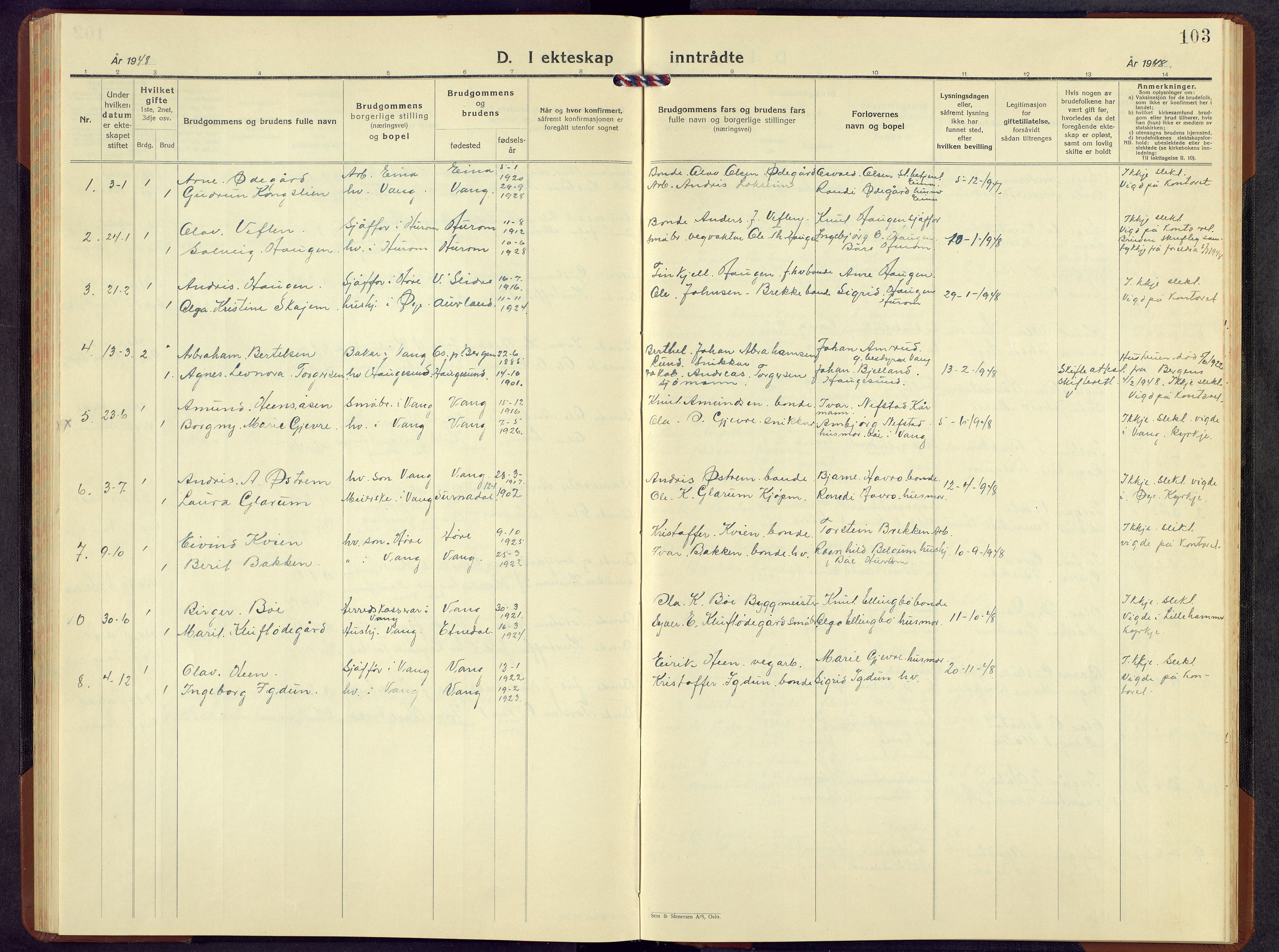 Vang prestekontor, Valdres, SAH/PREST-140/H/Hb/L0009: Klokkerbok nr. 9, 1937-1956, s. 103