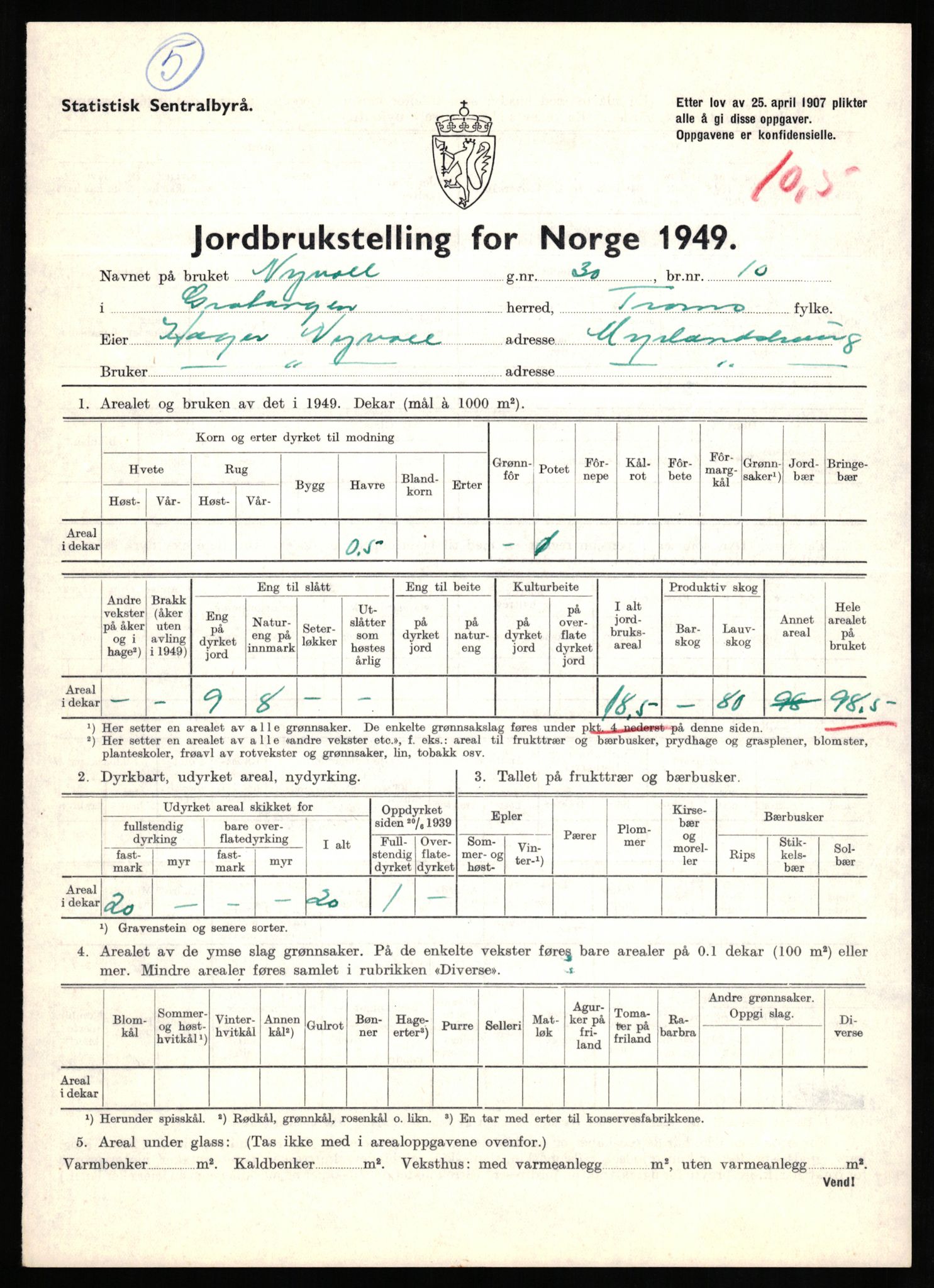 Statistisk sentralbyrå, Næringsøkonomiske emner, Jordbruk, skogbruk, jakt, fiske og fangst, AV/RA-S-2234/G/Gc/L0437: Troms: Gratangen og Lavangen, 1949, s. 705