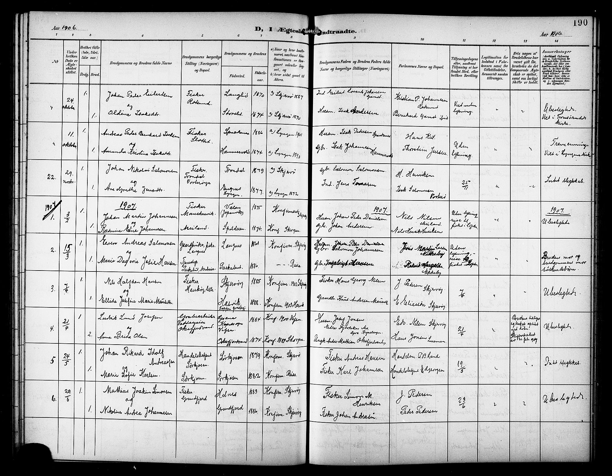 Skjervøy sokneprestkontor, AV/SATØ-S-1300/H/Ha/Hab/L0008klokker: Klokkerbok nr. 8, 1900-1910, s. 190