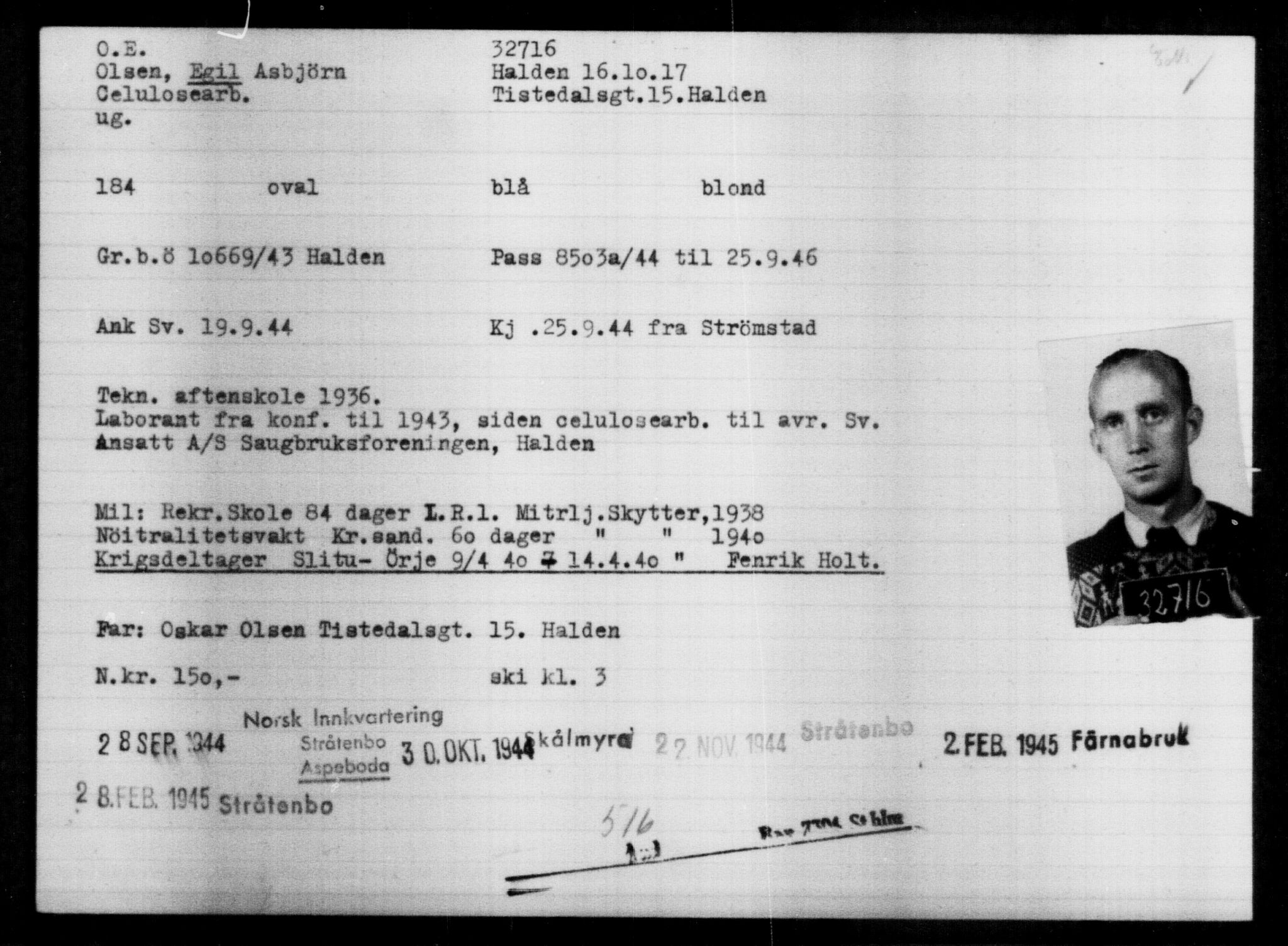 Utenriksstasjonene, Legasjonen i Stockholm, Flyktningkontoret, AV/RA-S-6753/V/Va/L0013: Kjesäterkartoteket, flyktninger med registreringsnr. 31500-34731, 1940-1945, s. 1279