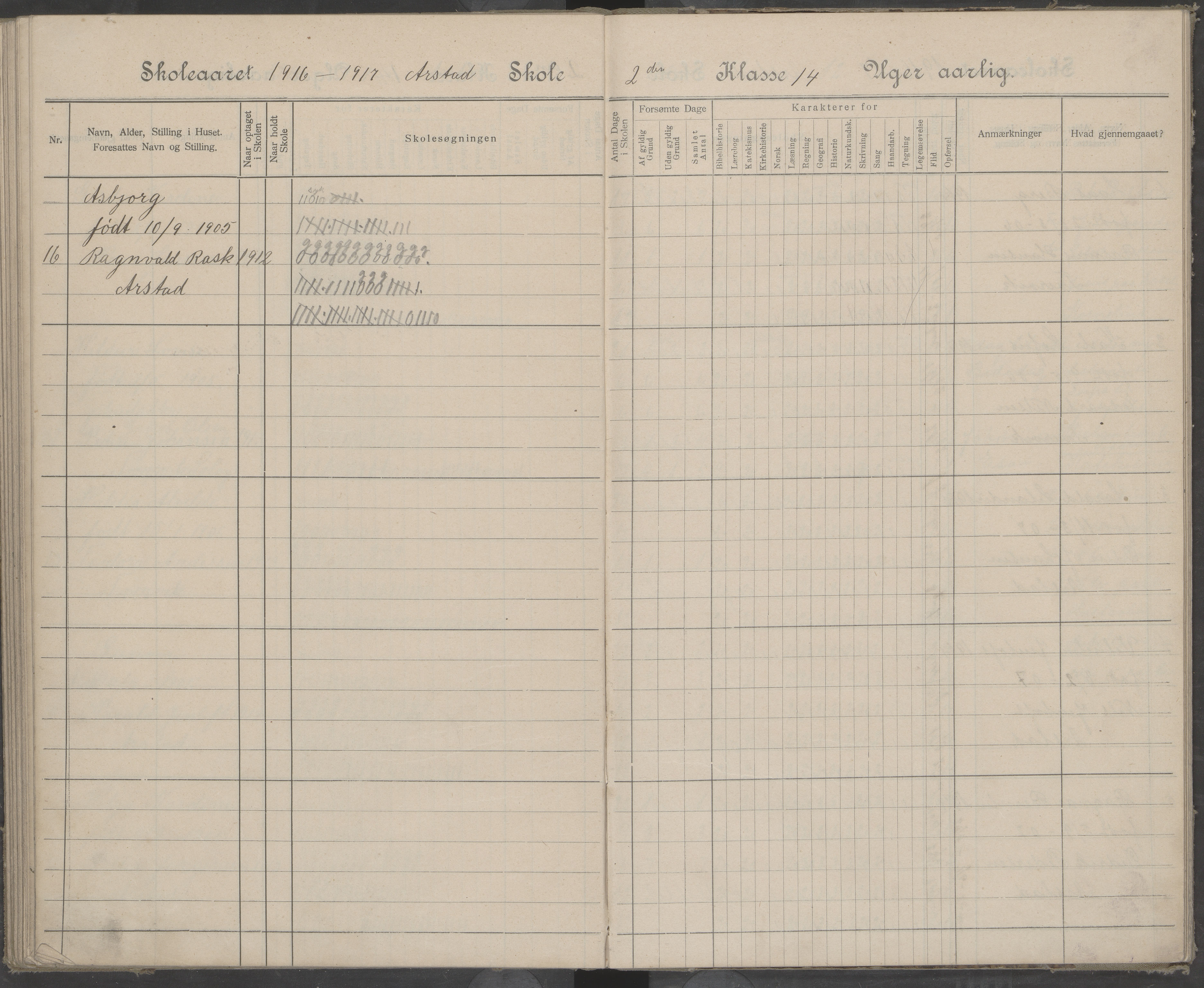 Beiarn kommune. Arstad skolekrets, AIN/K-18390.510.01/442/L0005: Karakter/oversiktsprotokoll, 1905-1920