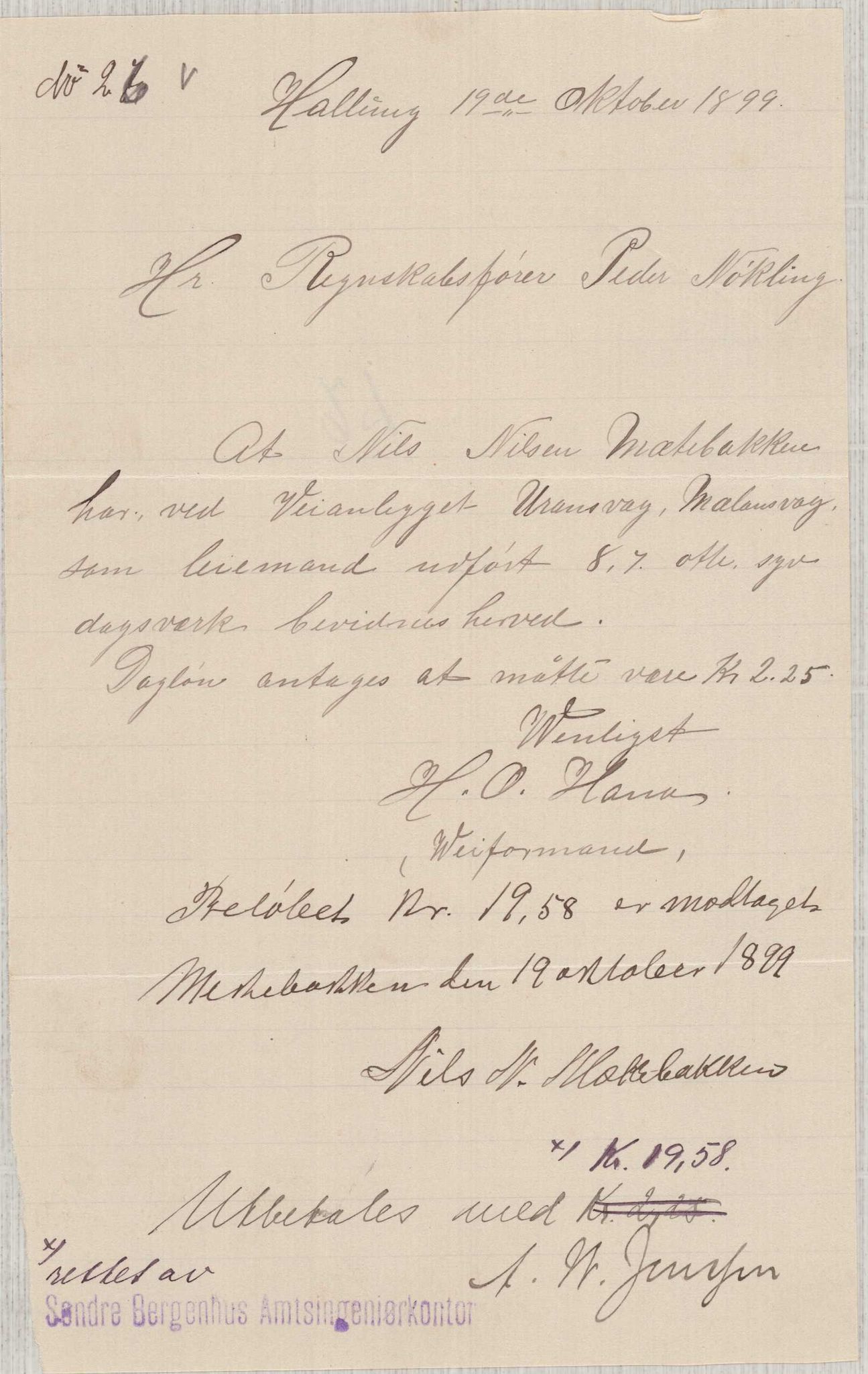 Finnaas kommune. Formannskapet, IKAH/1218a-021/E/Ea/L0002/0001: Rekneskap for veganlegg / Rekneskap for veganlegget Urangsvåg - Mælandsvåg, 1898-1900, s. 86