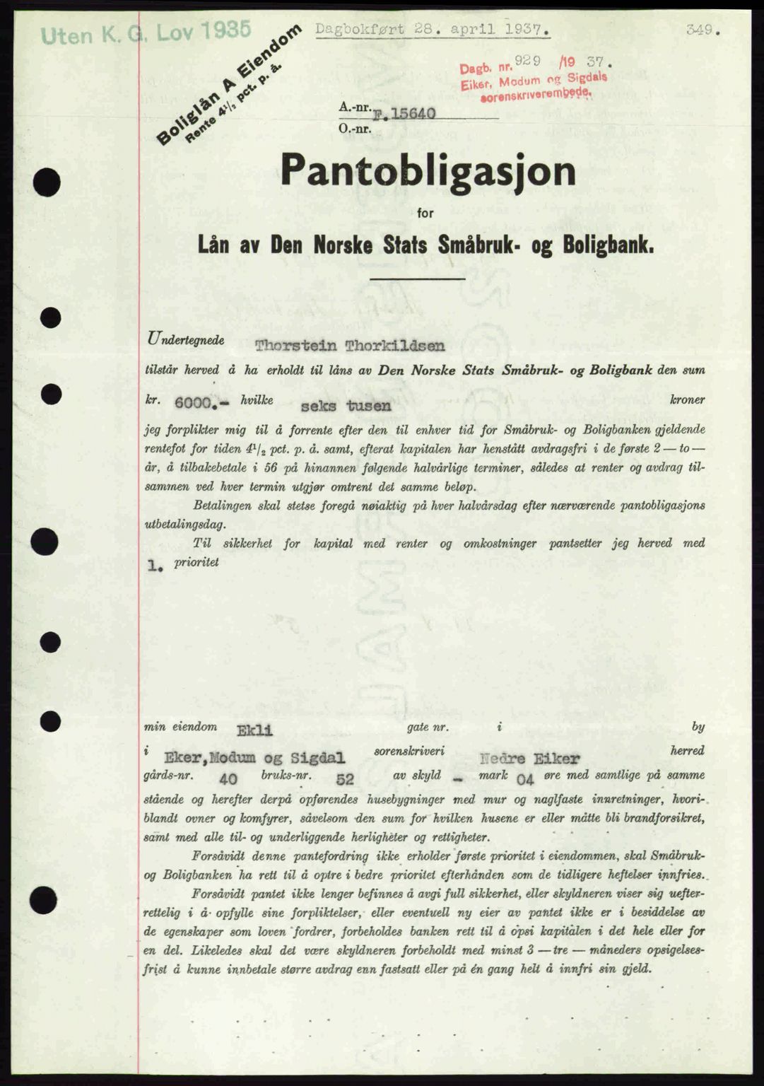 Eiker, Modum og Sigdal sorenskriveri, SAKO/A-123/G/Ga/Gab/L0035: Pantebok nr. A5, 1937-1937, Dagboknr: 929/1937