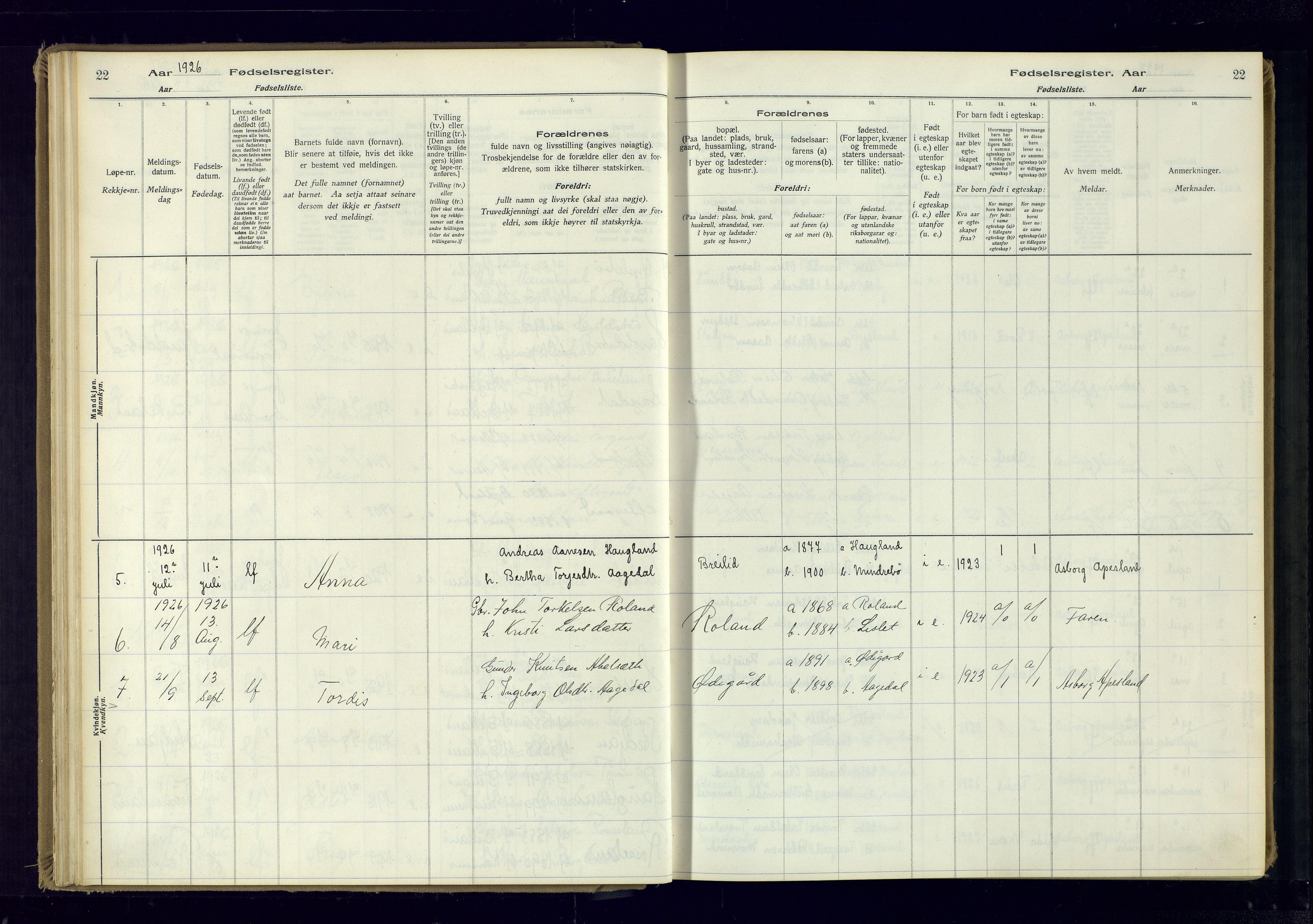 Bjelland sokneprestkontor, SAK/1111-0005/J/Ja/L0001: Fødselsregister nr. II.4.2, 1916-1982, s. 22