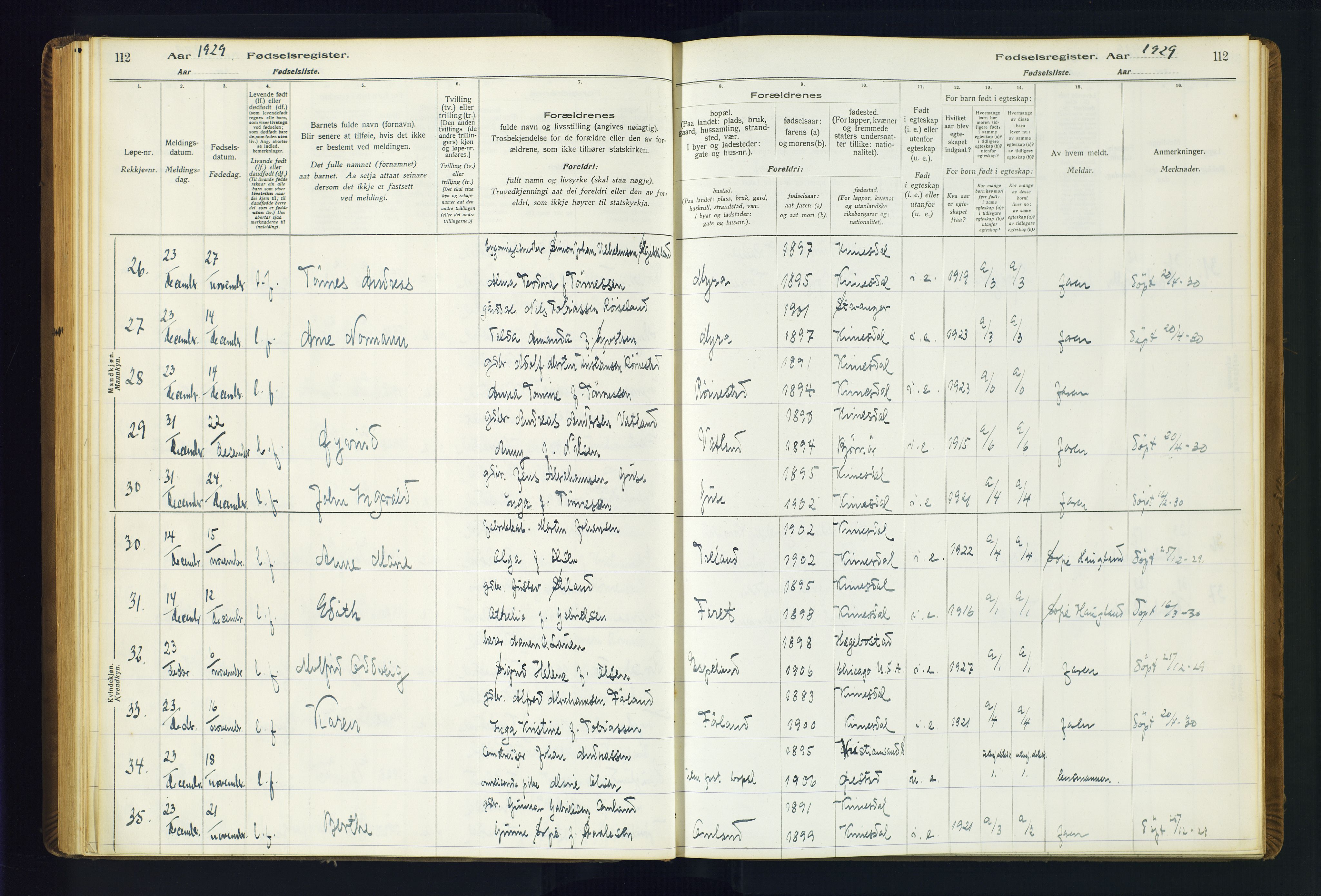 Kvinesdal sokneprestkontor, AV/SAK-1111-0026/J/Ja/L0001: Fødselsregister nr. 1, 1916-1941, s. 112