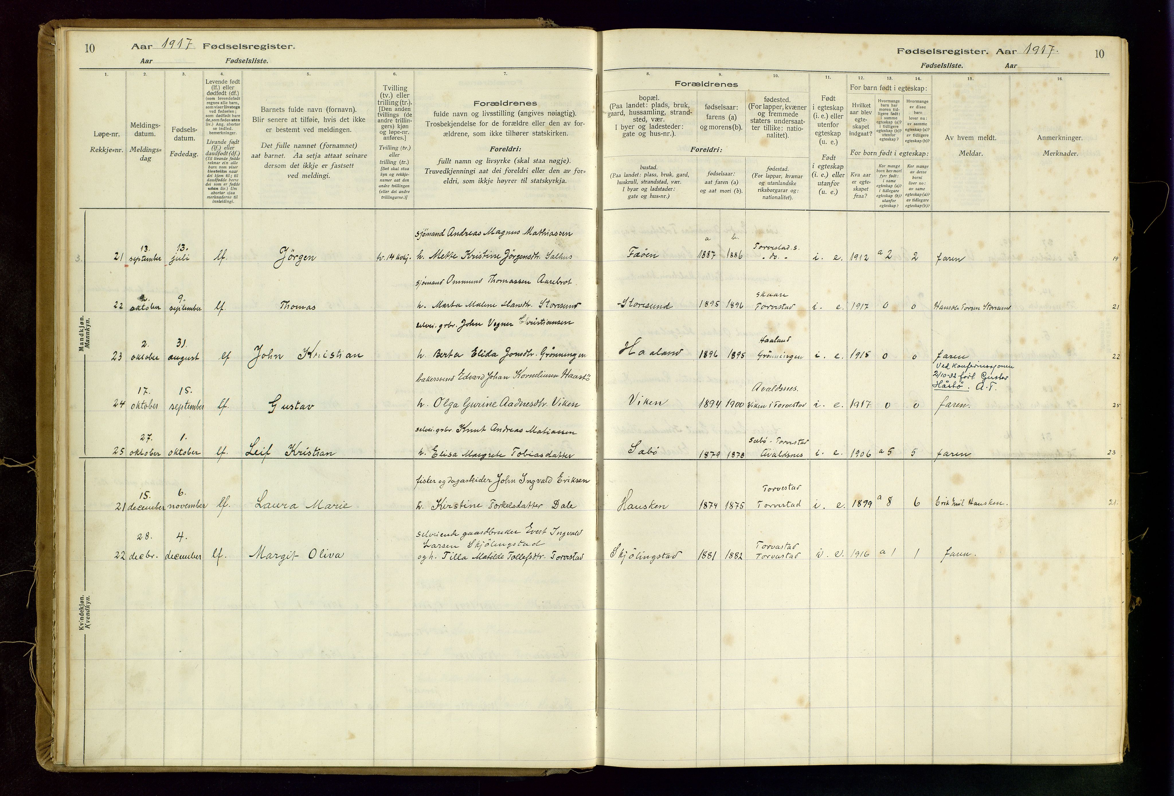 Torvastad sokneprestkontor, AV/SAST-A -101857/I/Id/L0002: Fødselsregister nr. 2, 1916-1950, s. 10