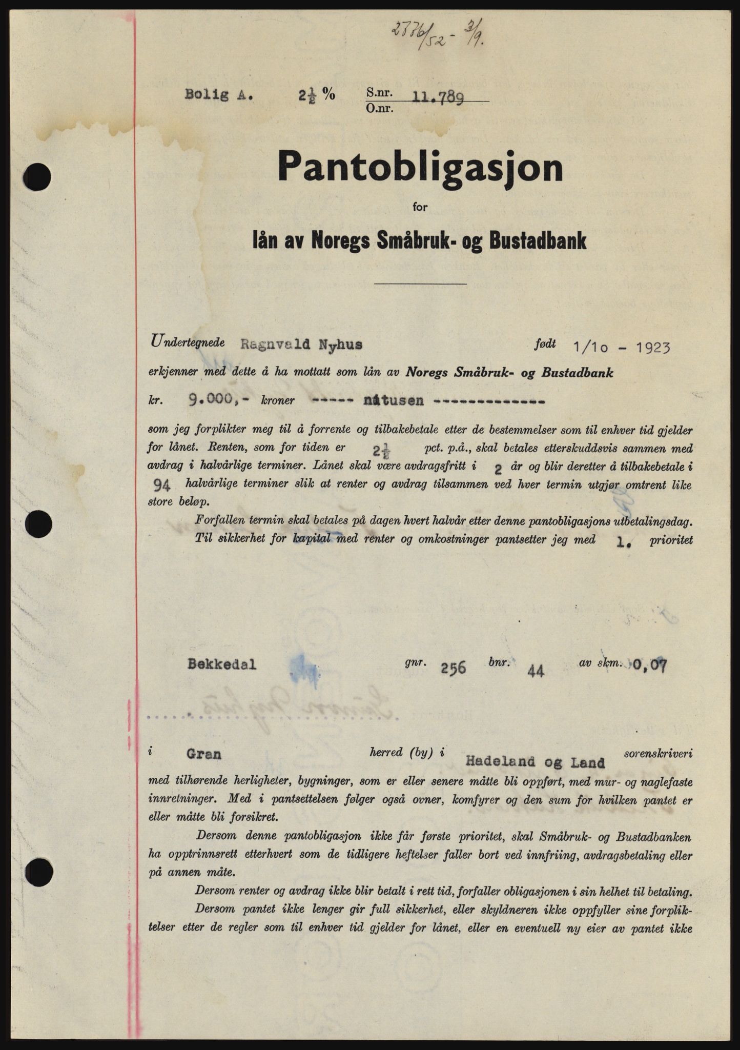 Hadeland og Land tingrett, SAH/TING-010/H/Hb/Hbc/L0024: Pantebok nr. B24, 1952-1952, Dagboknr: 2776/1952