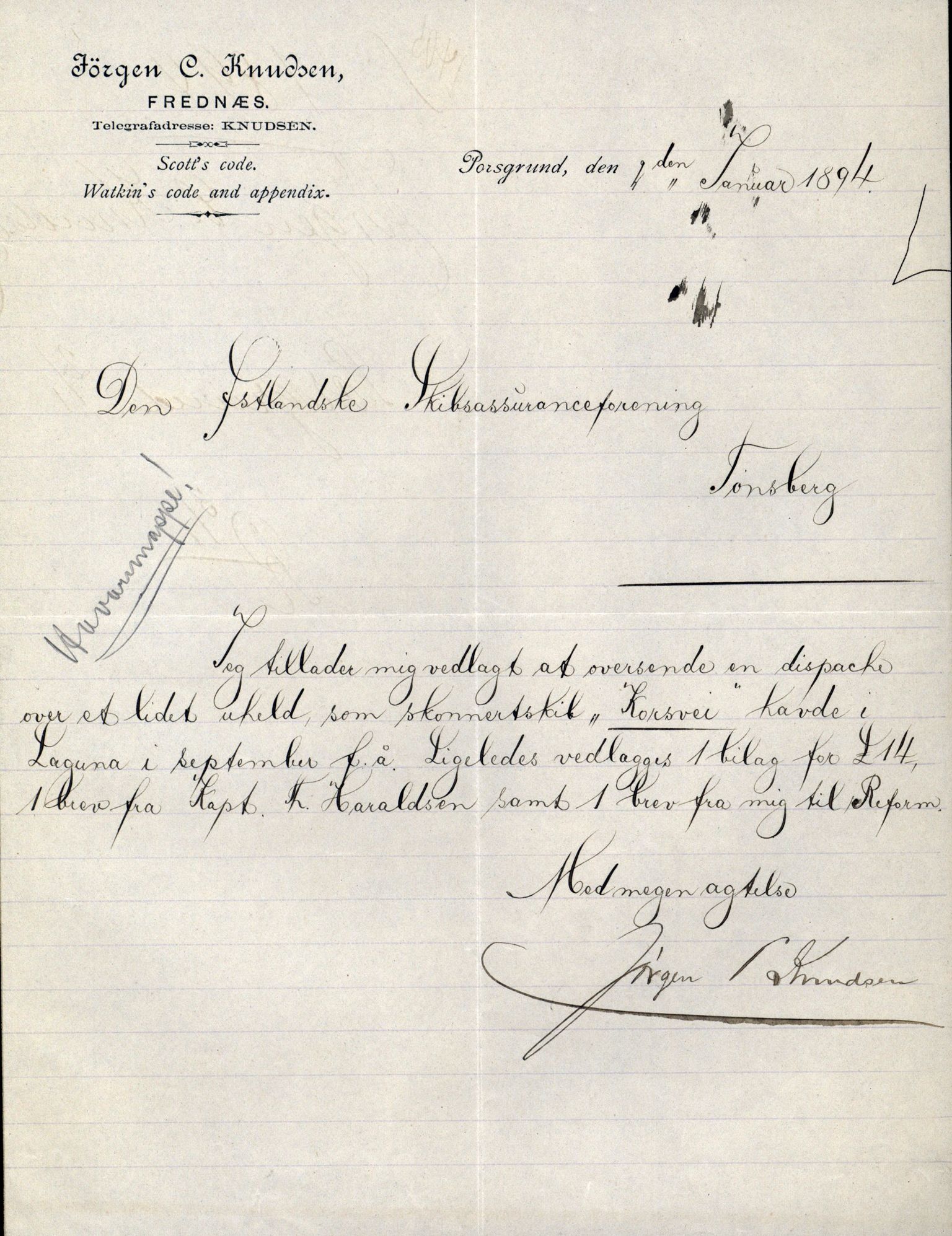 Pa 63 - Østlandske skibsassuranceforening, VEMU/A-1079/G/Ga/L0030/0001: Havaridokumenter / Leif, Korsvei, Margret, Mangerton, Mathilde, Island, Andover, 1893, s. 160