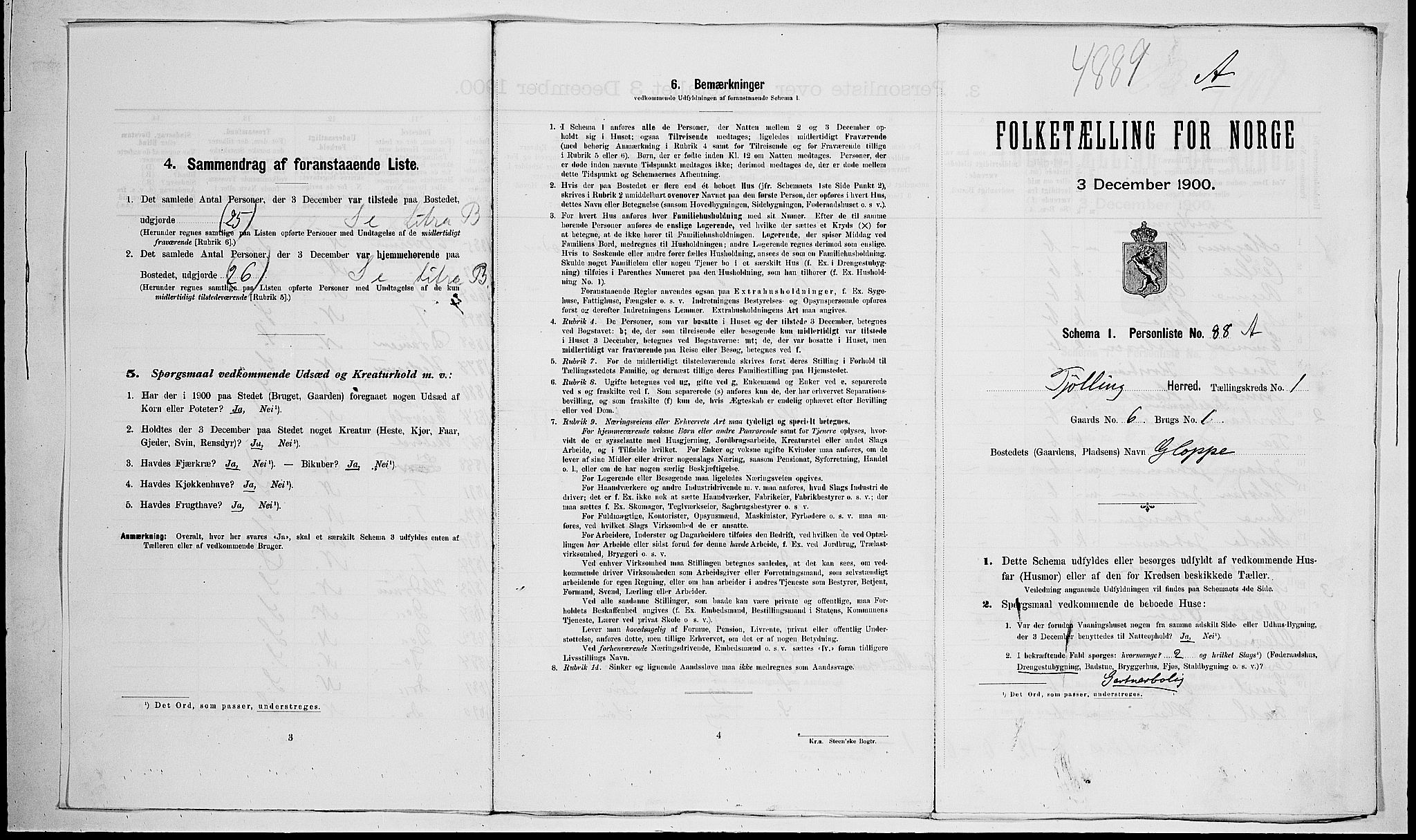 RA, Folketelling 1900 for 0725 Tjølling herred, 1900, s. 254