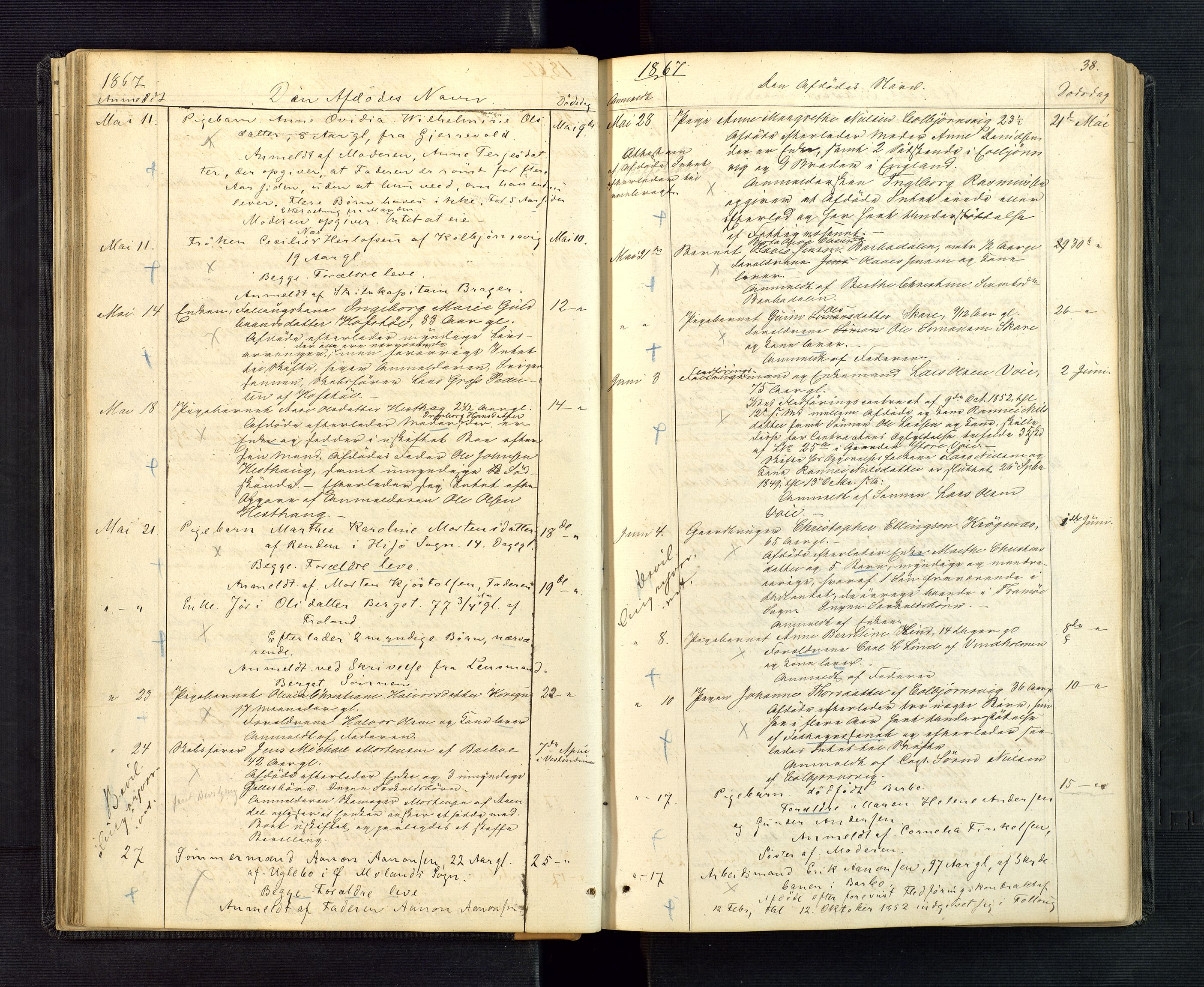 Nedenes sorenskriveri, AV/SAK-1221-0006/H/Ha/L0002: Dødsfallsfortegnelse nr 2, 1863-1889, s. 38