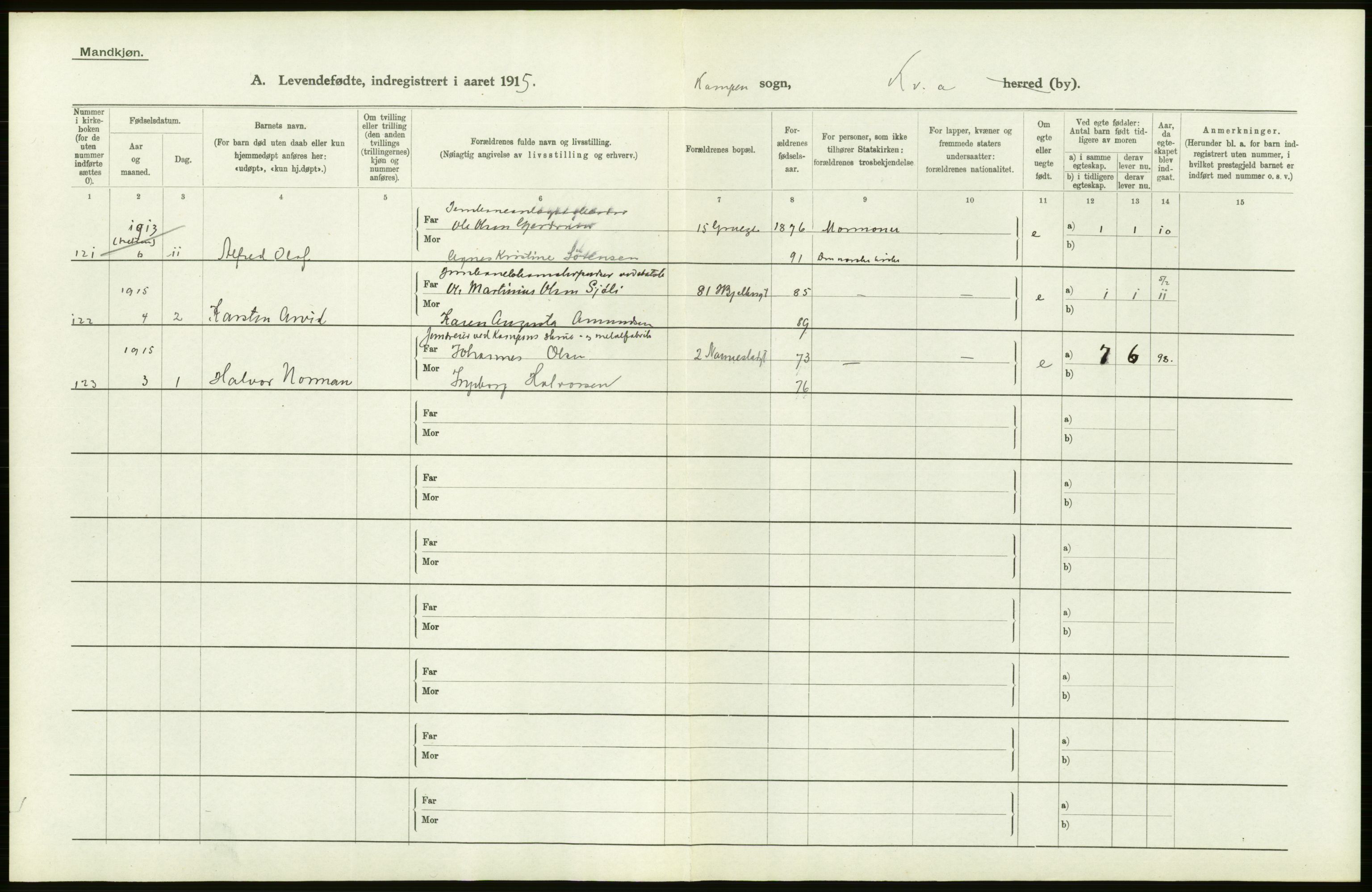 Statistisk sentralbyrå, Sosiodemografiske emner, Befolkning, AV/RA-S-2228/D/Df/Dfb/Dfbe/L0006: Kristiania: Levendefødte menn og kvinner., 1915, s. 420