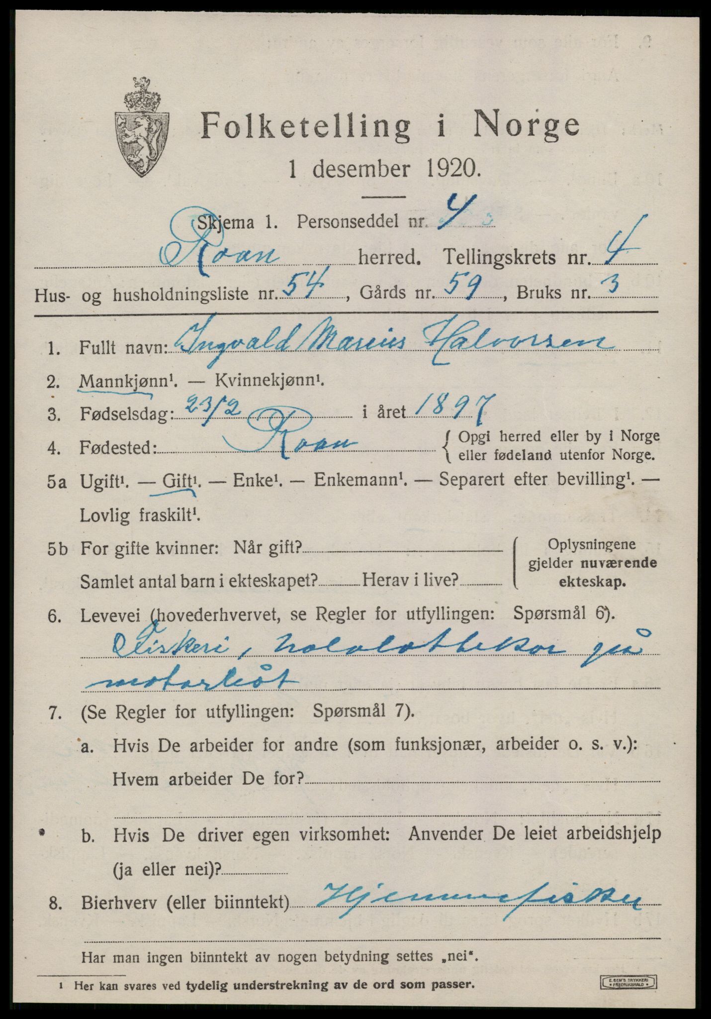 SAT, Folketelling 1920 for 1632 Roan herred, 1920, s. 3461