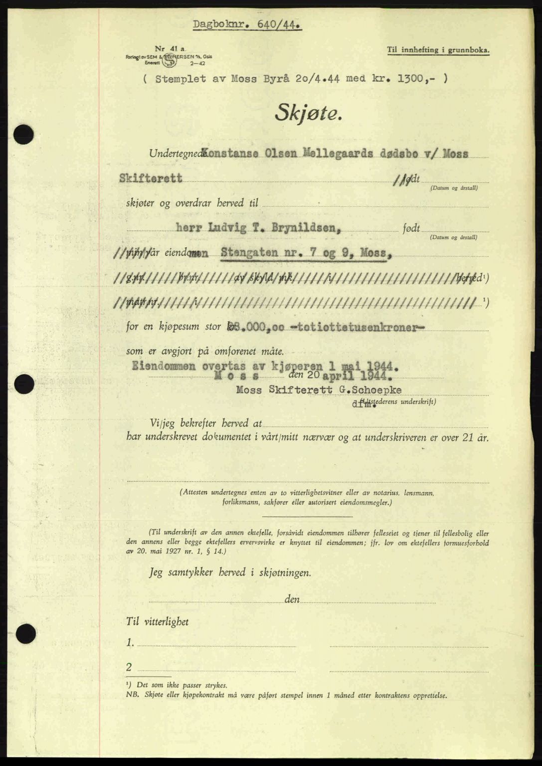Moss sorenskriveri, SAO/A-10168: Pantebok nr. A12, 1943-1944, Dagboknr: 640/1944