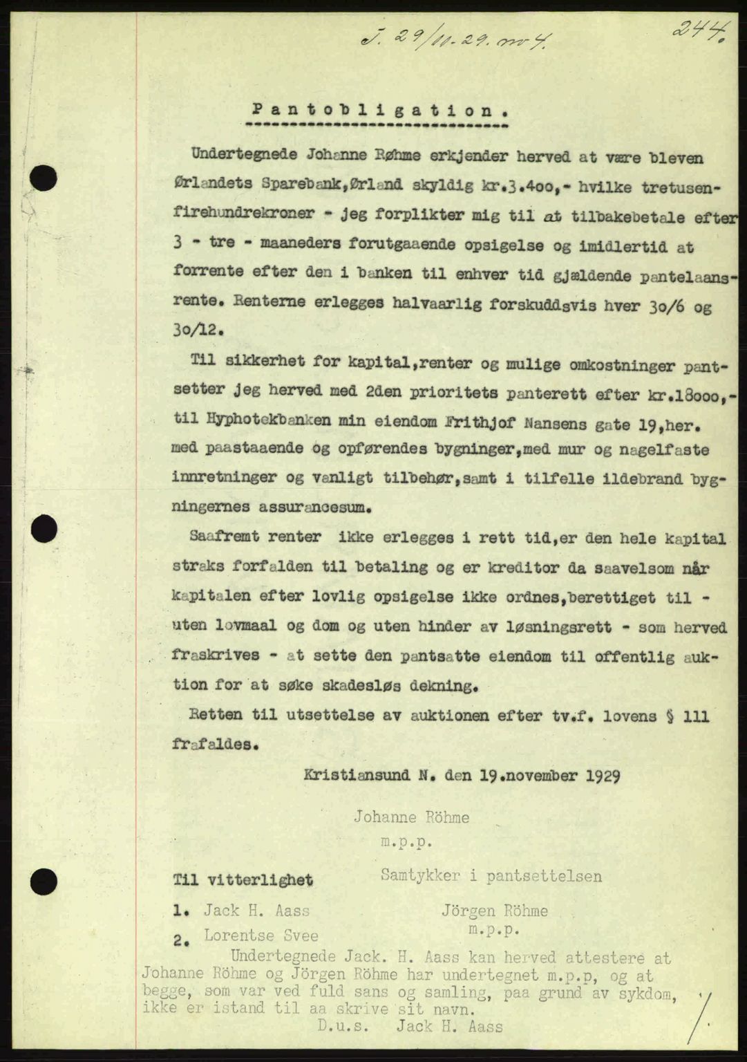 Kristiansund byfogd, AV/SAT-A-4587/A/27: Pantebok nr. 23, 1929-1930, Tingl.dato: 29.11.1929