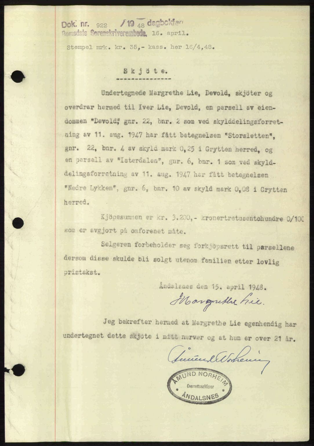 Romsdal sorenskriveri, SAT/A-4149/1/2/2C: Pantebok nr. A26, 1948-1948, Dagboknr: 922/1948