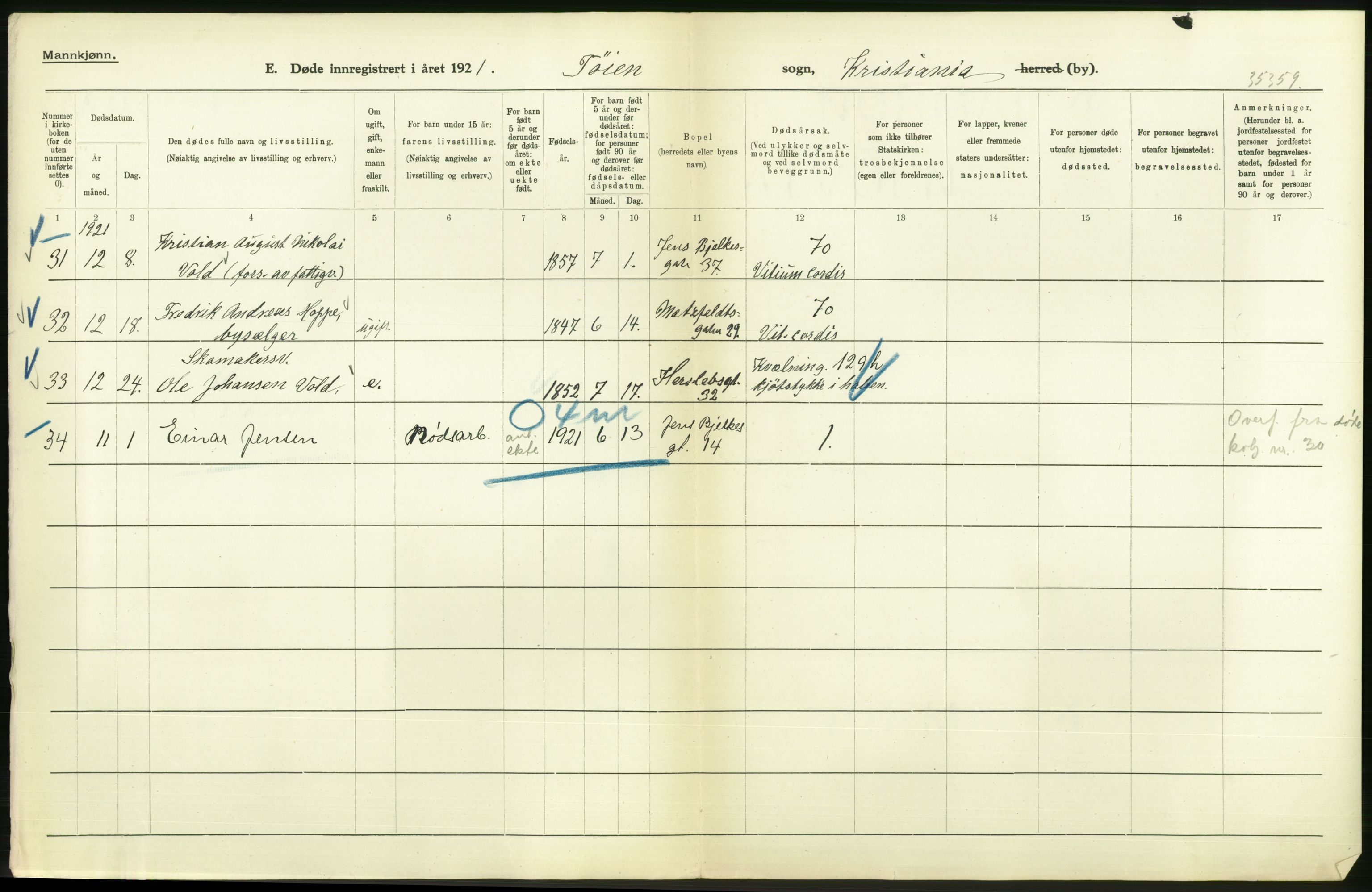 Statistisk sentralbyrå, Sosiodemografiske emner, Befolkning, AV/RA-S-2228/D/Df/Dfc/Dfca/L0013: Kristiania: Døde, dødfødte, 1921, s. 154