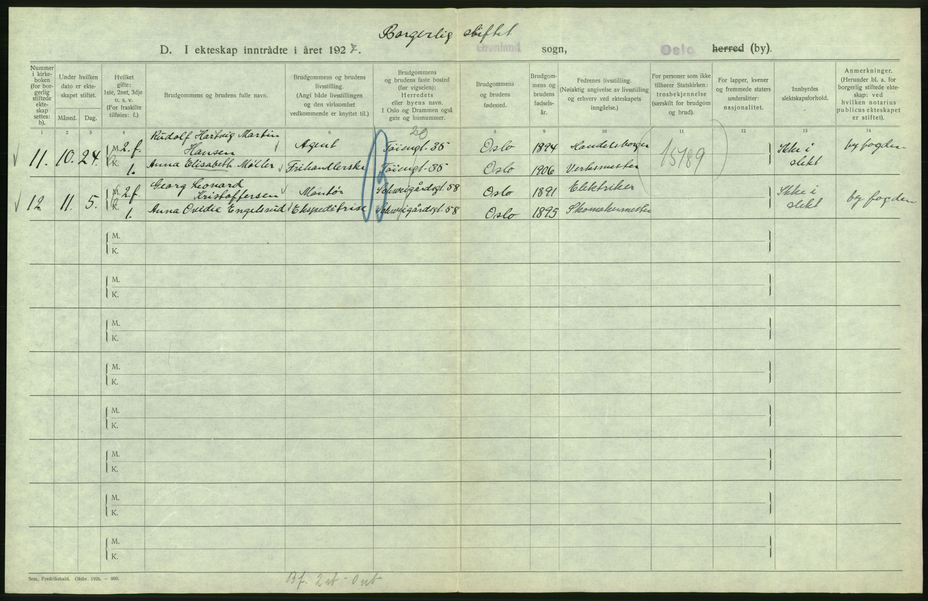 Statistisk sentralbyrå, Sosiodemografiske emner, Befolkning, RA/S-2228/D/Df/Dfc/Dfcg/L0008: Oslo: Gifte, 1927, s. 518