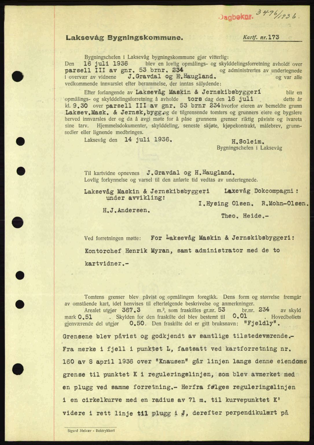 Midhordland sorenskriveri, SAB/A-3001/1/G/Gb/Gbk/L0001: Pantebok nr. A1-6, 1936-1937, Dagboknr: 3496/1936