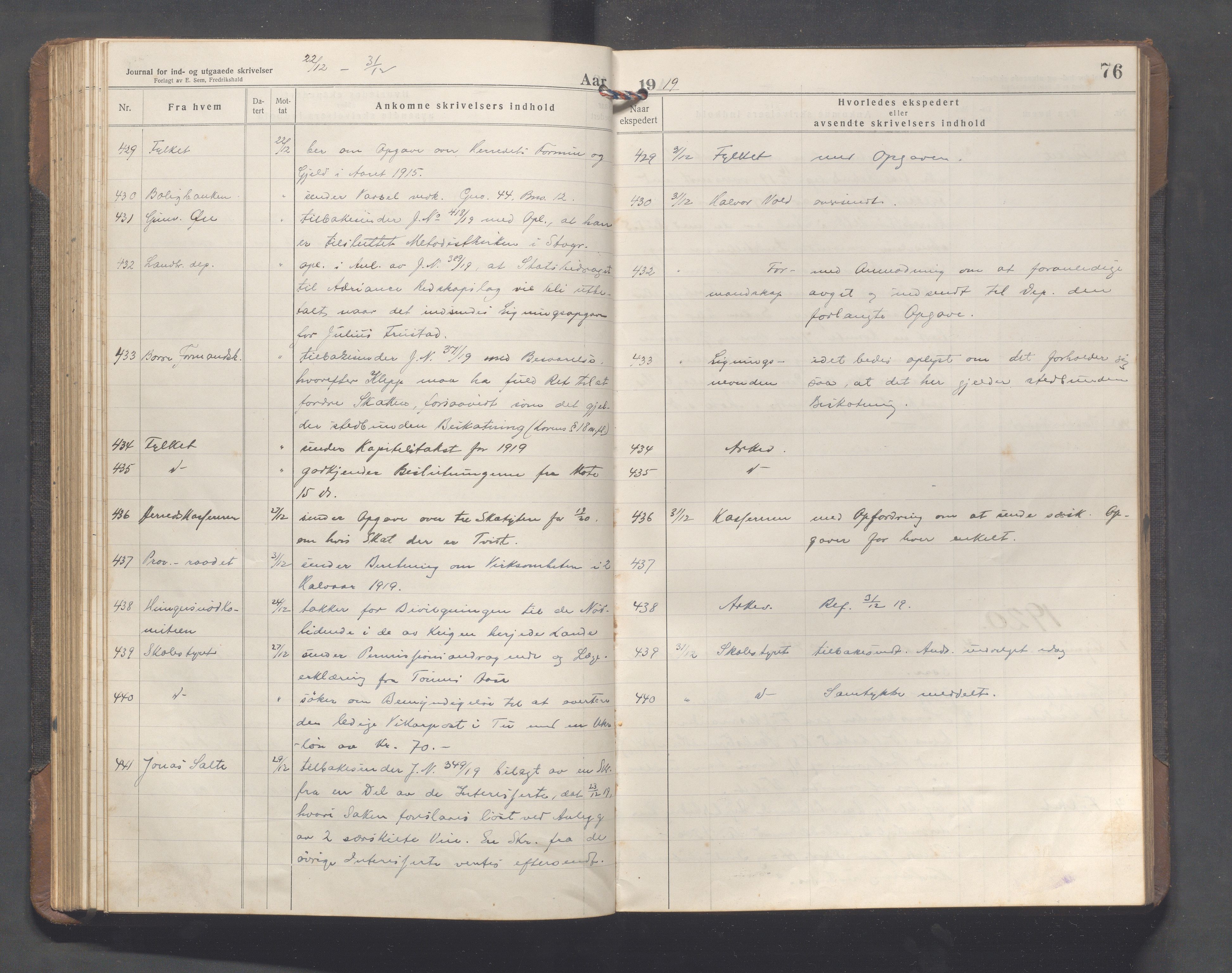Klepp kommune - Formannskapet, IKAR/K-100277/C/L0005: Brevjournal, 1918-1922, s. 76