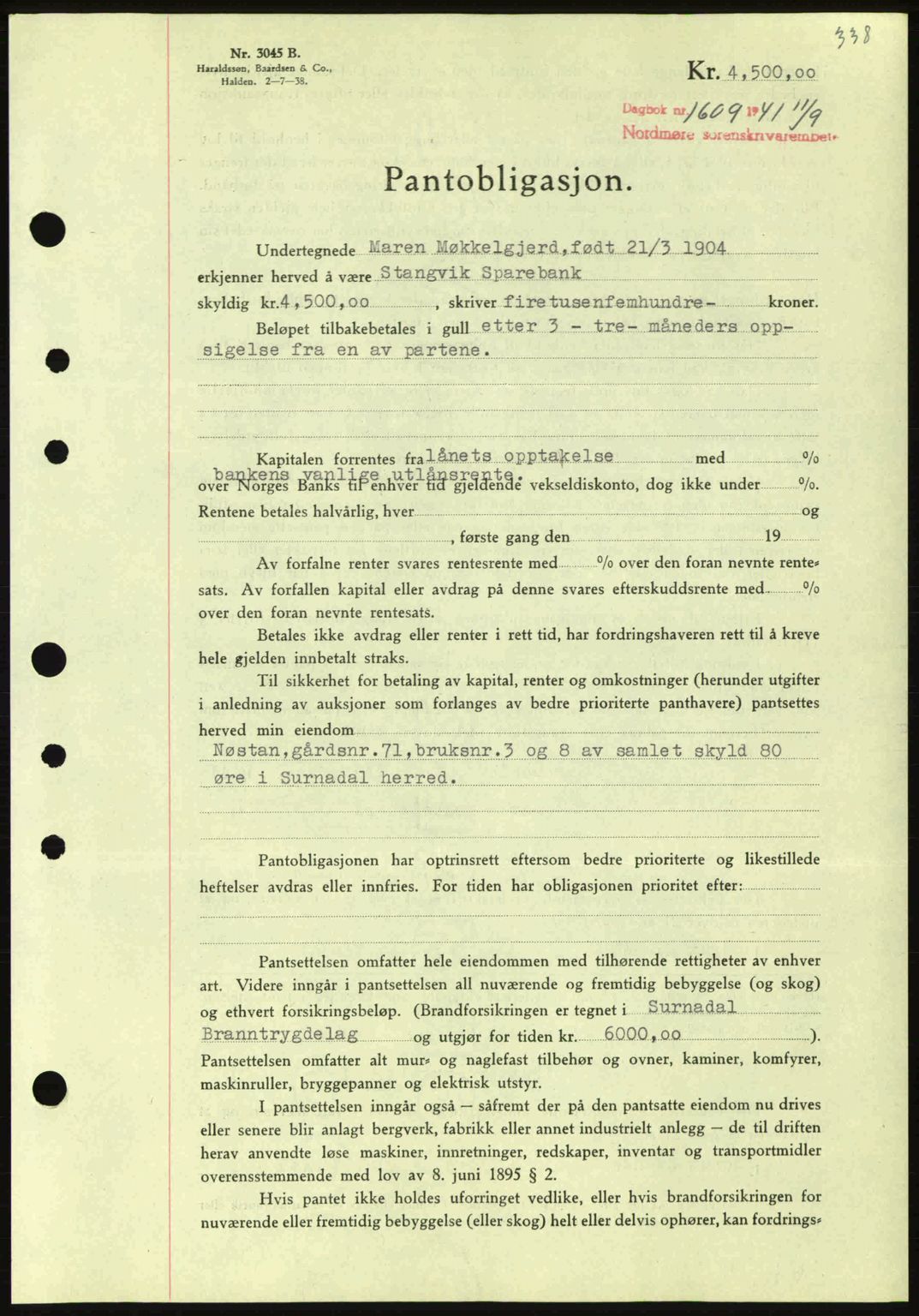 Nordmøre sorenskriveri, SAT/A-4132/1/2/2Ca: Pantebok nr. B88, 1941-1942, Dagboknr: 1609/1941