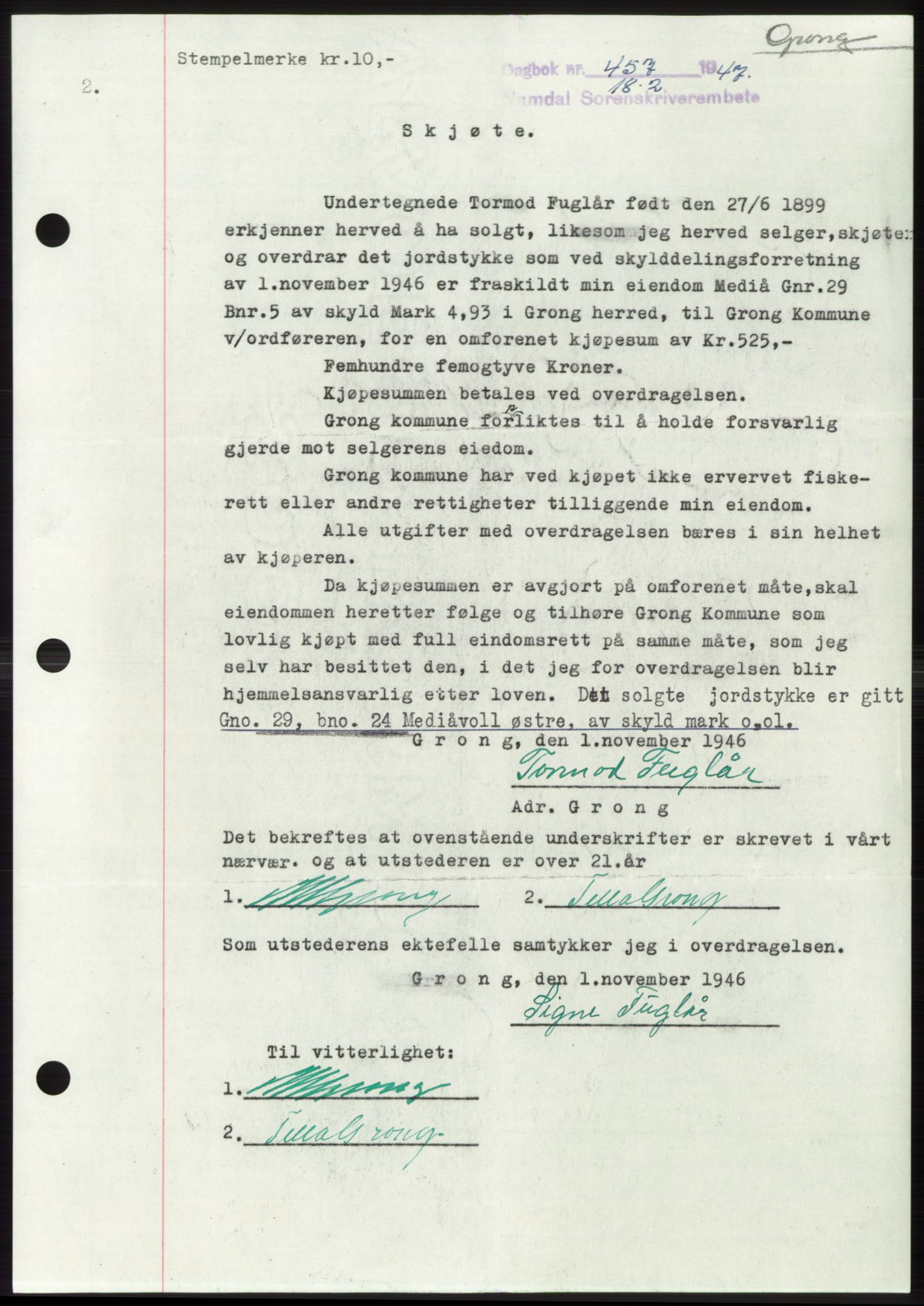 Namdal sorenskriveri, SAT/A-4133/1/2/2C: Pantebok nr. -, 1946-1947, Dagboknr: 457/1947