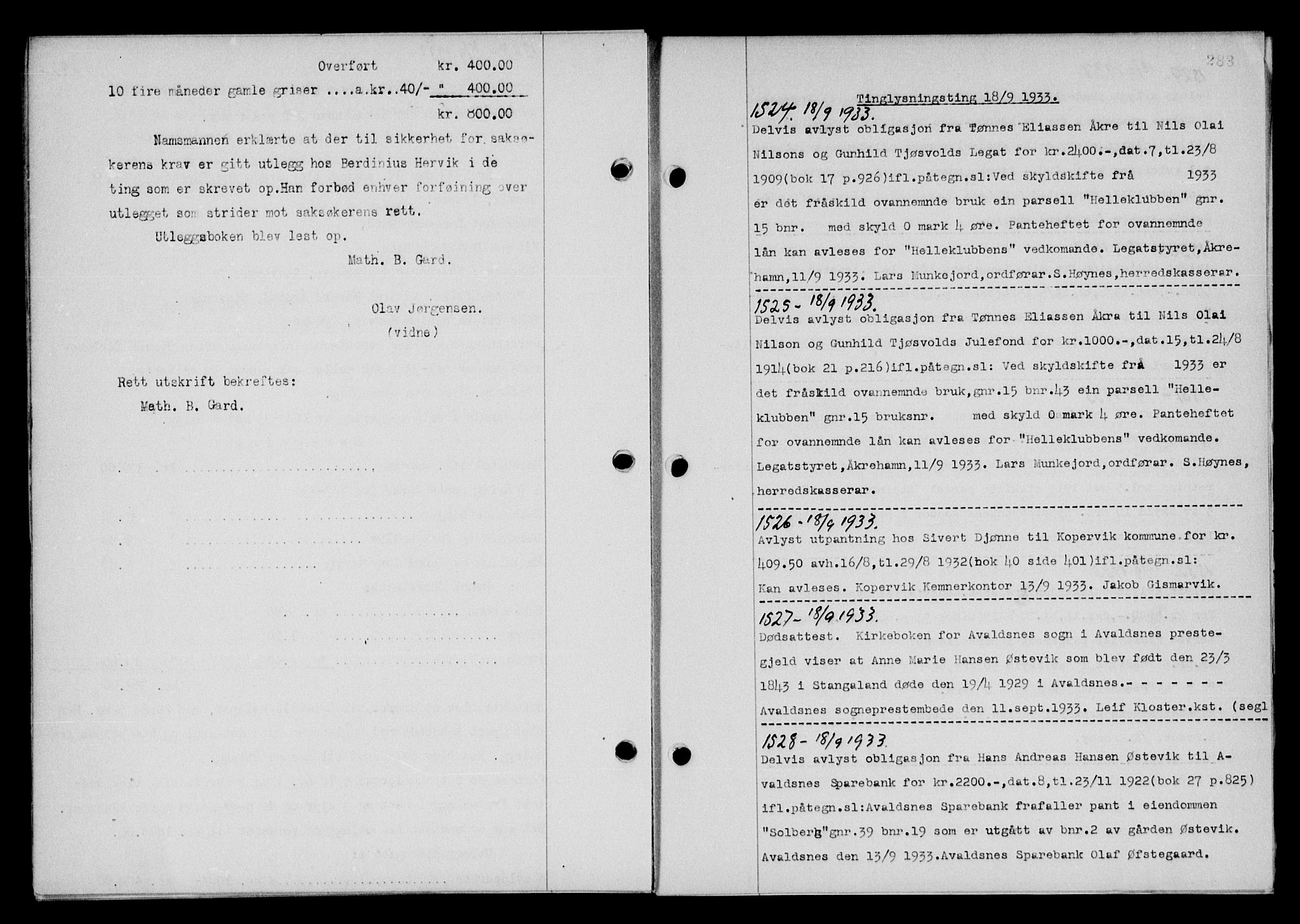 Karmsund sorenskriveri, SAST/A-100311/01/II/IIB/L0061: Pantebok nr. 42, 1933-1933, Tingl.dato: 18.09.1933