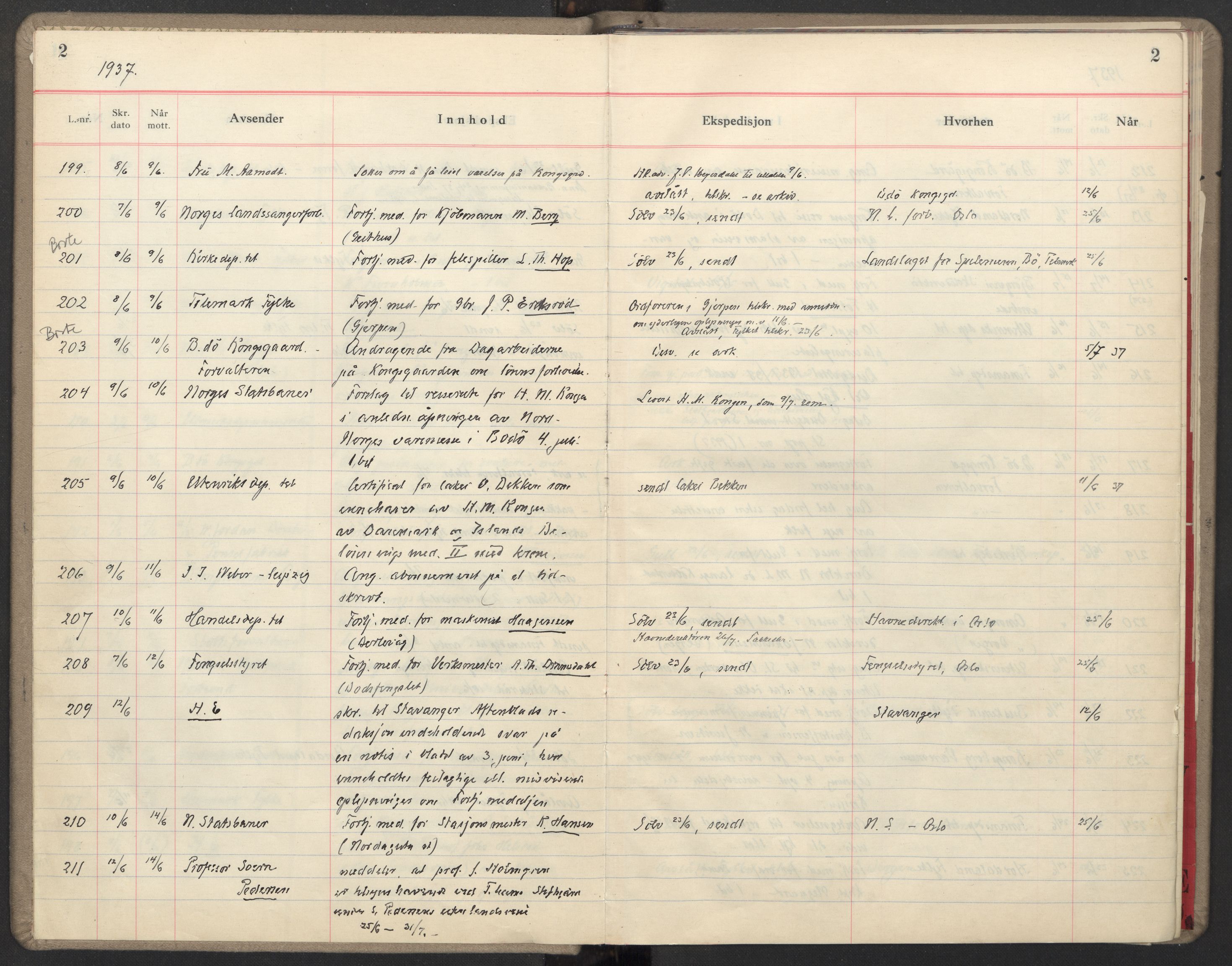 Det Kongelige Slott, Hoffetaten, AV/RA-S-3707/C/Ce/L0011: Hoffsjefens journal jnr. 185/1937-370/1939, 1937-1939