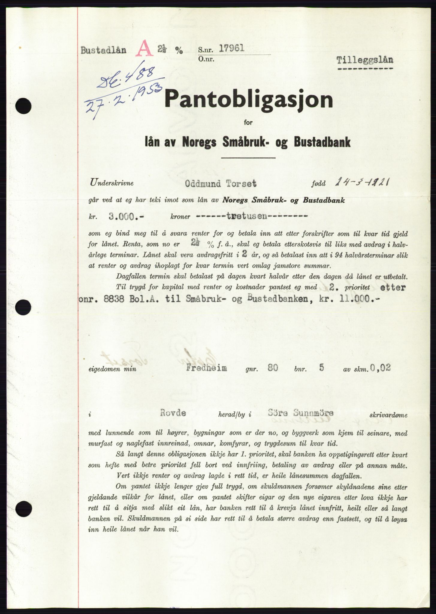 Søre Sunnmøre sorenskriveri, SAT/A-4122/1/2/2C/L0123: Pantebok nr. 11B, 1953-1953, Dagboknr: 488/1953