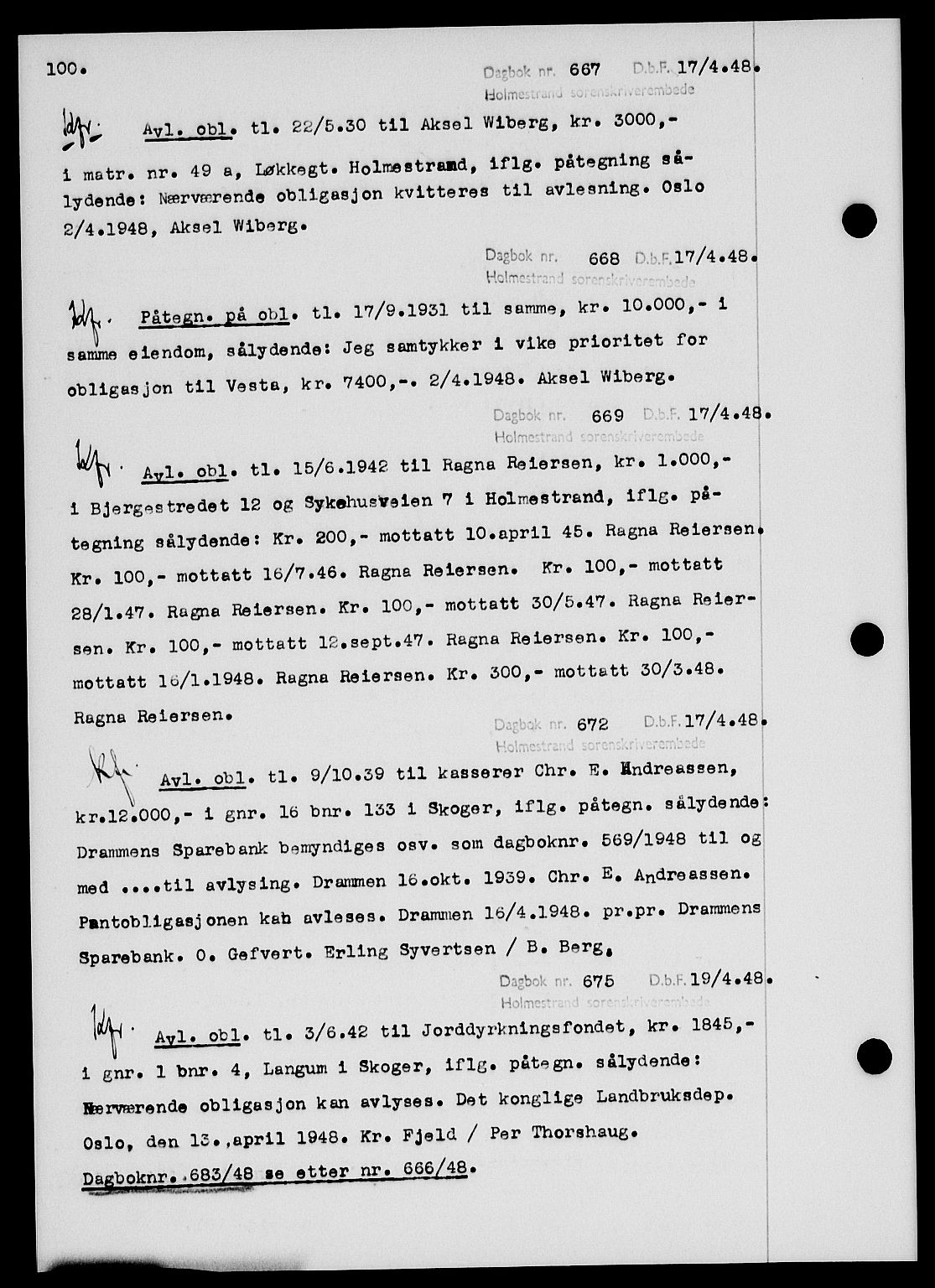 Holmestrand sorenskriveri, SAKO/A-67/G/Ga/Gab/L0058: Pantebok nr. B-58, 1947-1948, s. 100, Dagboknr: 667/1948