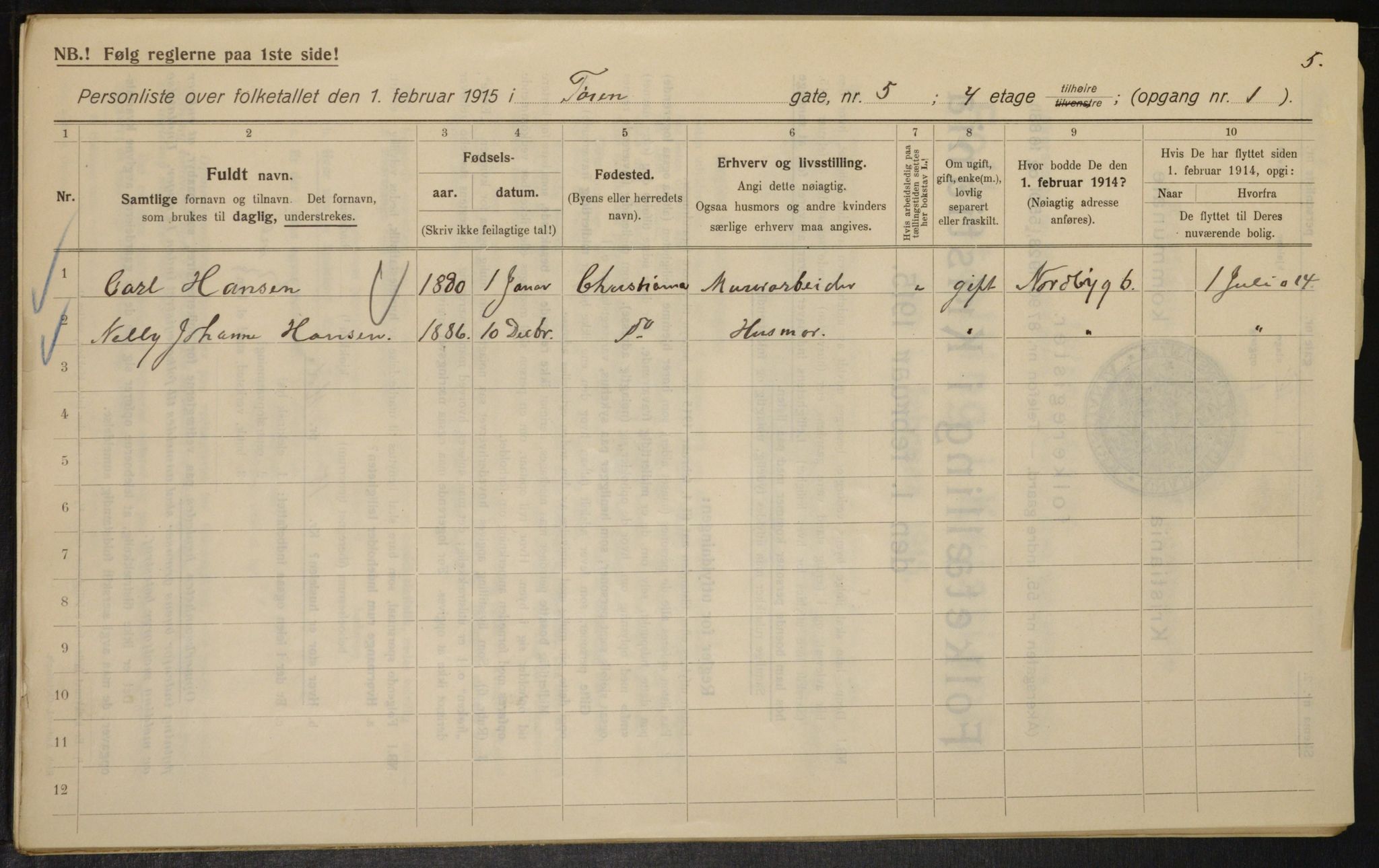 OBA, Kommunal folketelling 1.2.1915 for Kristiania, 1915, s. 117705