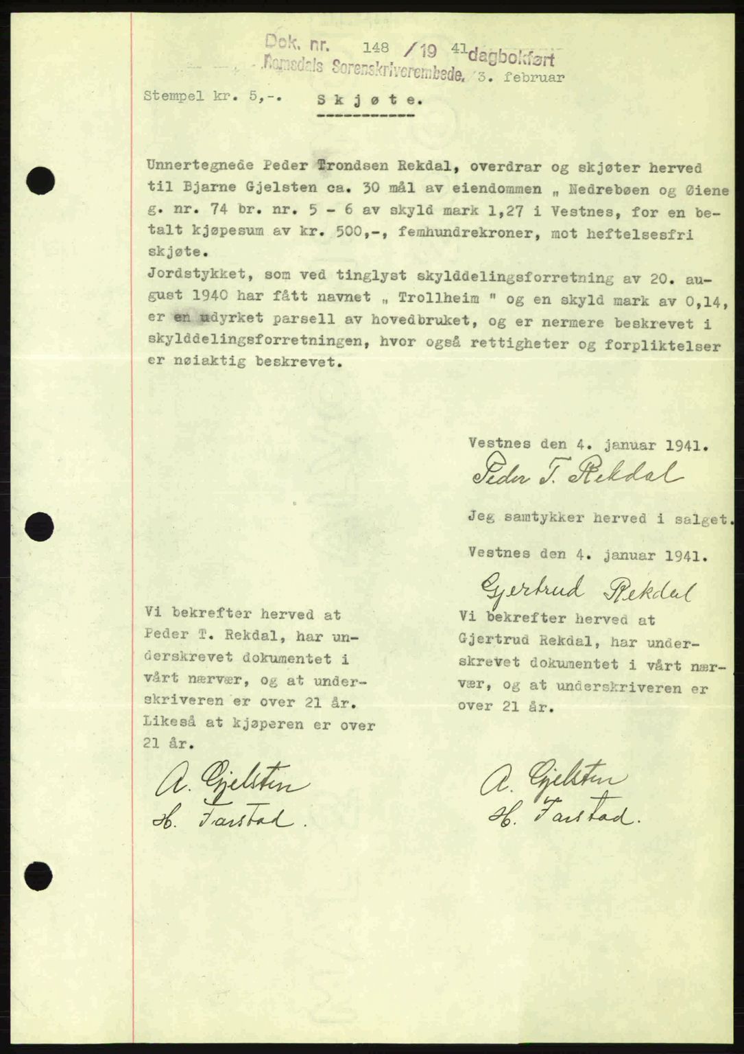 Romsdal sorenskriveri, SAT/A-4149/1/2/2C: Pantebok nr. A9, 1940-1941, Dagboknr: 148/1941