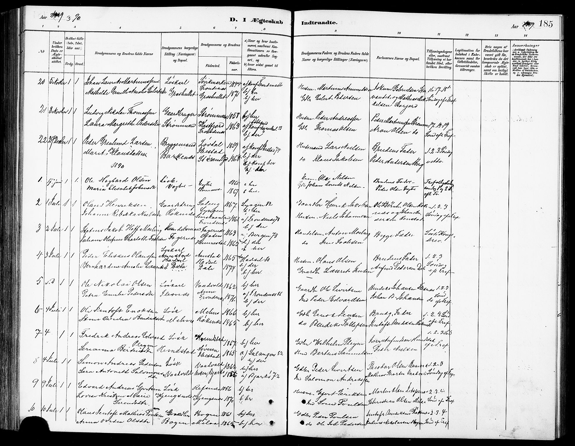 Kvæfjord sokneprestkontor, AV/SATØ-S-1323/G/Ga/Gab/L0005klokker: Klokkerbok nr. 5, 1886-1911, s. 185