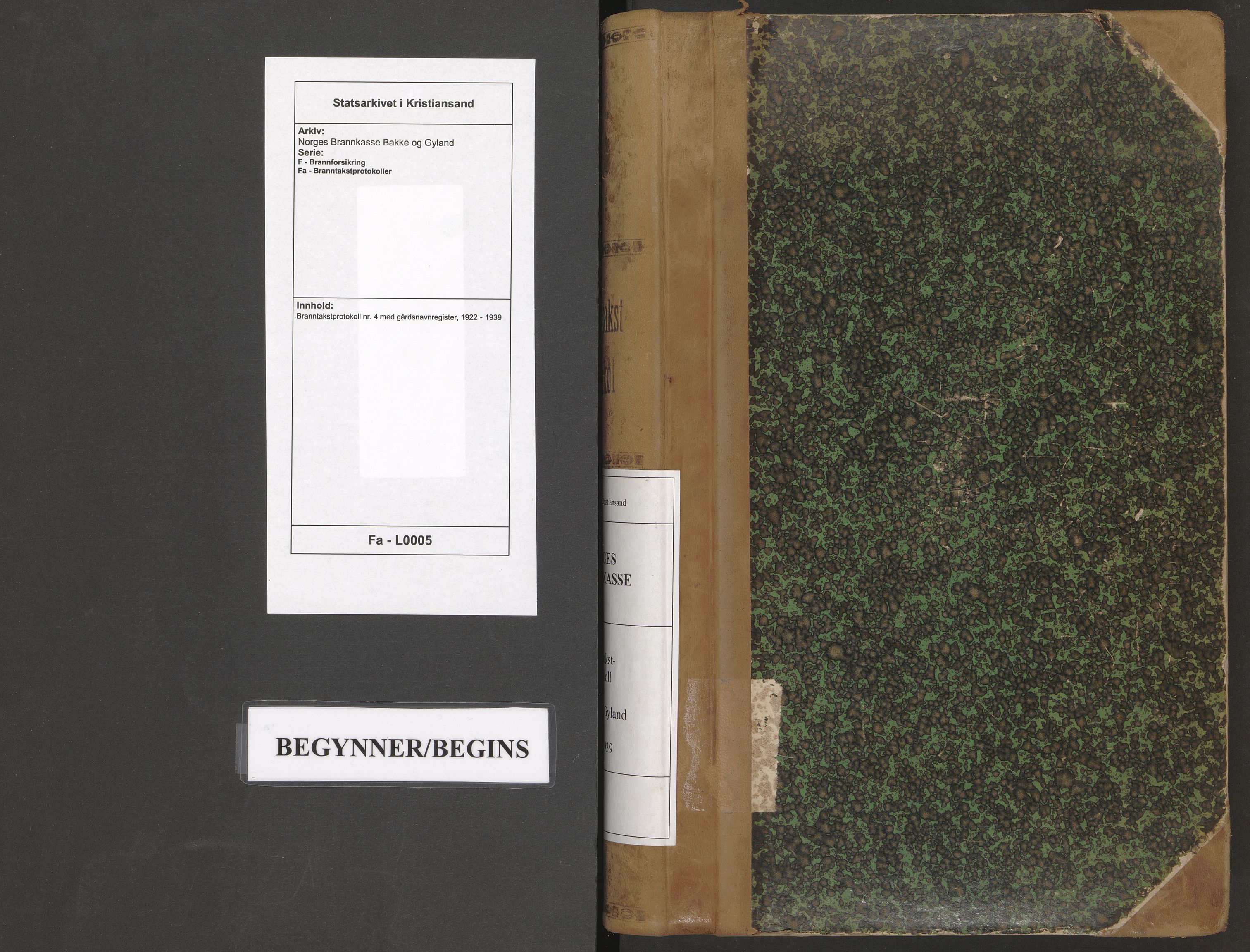 Norges Brannkasse Bakke og Gyland, AV/SAK-2241-0003/F/Fa/L0005: Branntakstprotokoll nr. 4 med gårdsnavnregister, 1922-1939