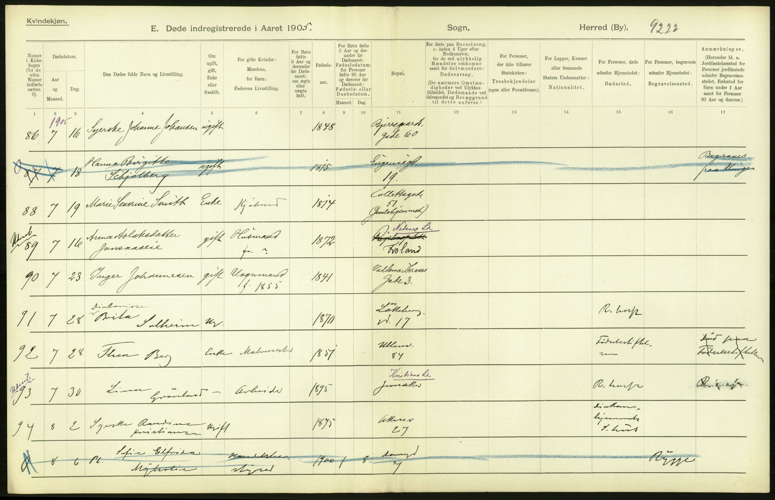 Statistisk sentralbyrå, Sosiodemografiske emner, Befolkning, AV/RA-S-2228/D/Df/Dfa/Dfac/L0007a: Kristiania: Døde, dødfødte., 1905, s. 86