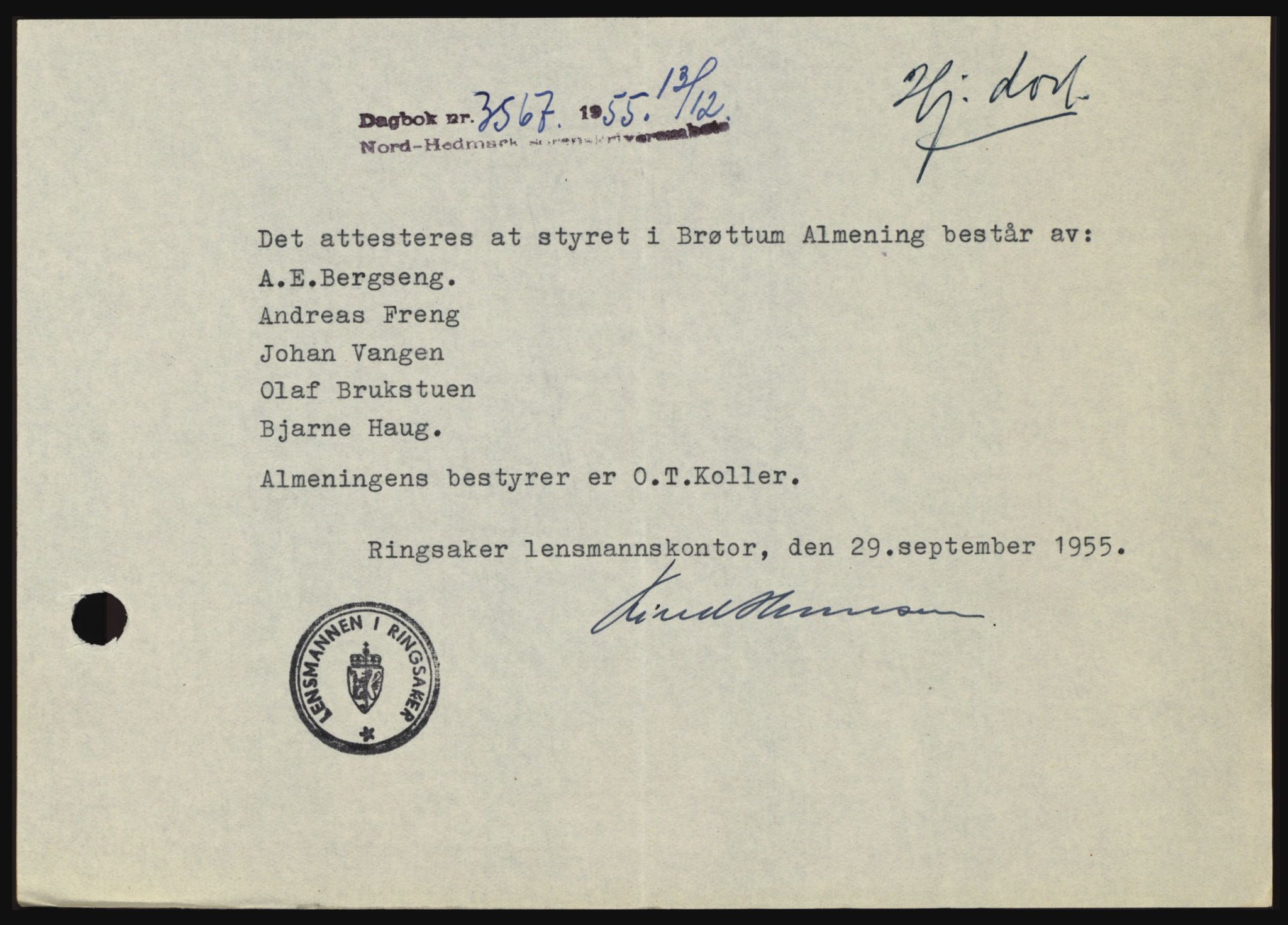 Nord-Hedmark sorenskriveri, SAH/TING-012/H/Hc/L0010: Pantebok nr. 10, 1955-1956, Dagboknr: 3567/1955