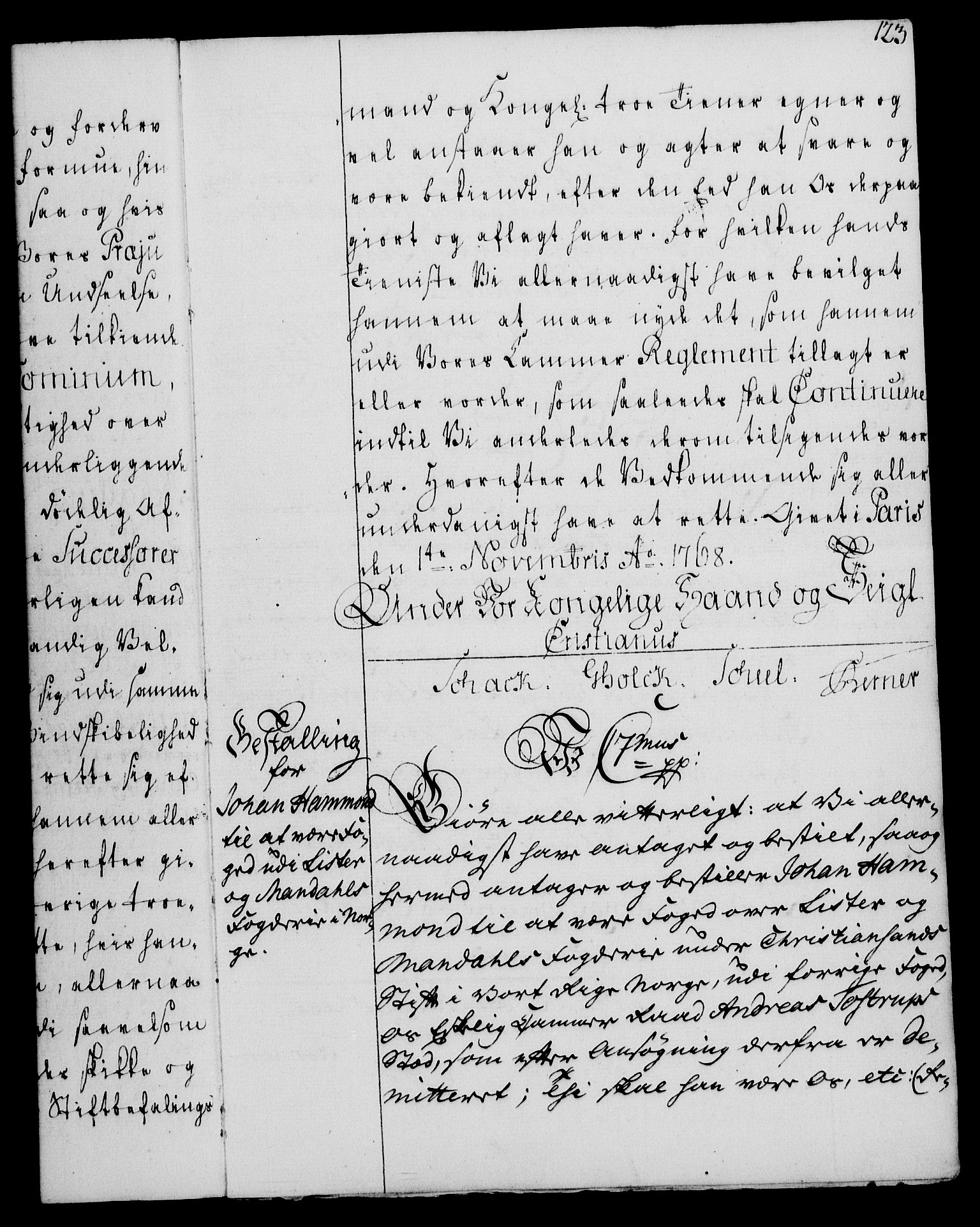 Rentekammeret, Kammerkanselliet, RA/EA-3111/G/Gg/Gge/L0004: Norsk bestallingsprotokoll med register (merket RK 53.28), 1762-1771, s. 123