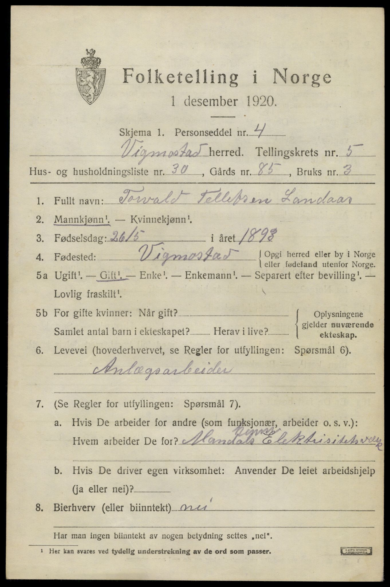 SAK, Folketelling 1920 for 1028 Vigmostad herred, 1920, s. 1939